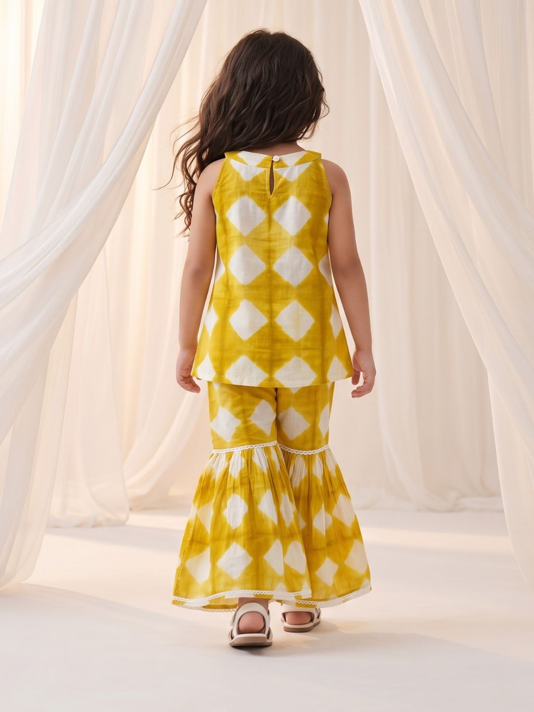 Mustard Shibori Print with Front Dori and Tassels Pure Cotton Girls Suit Set