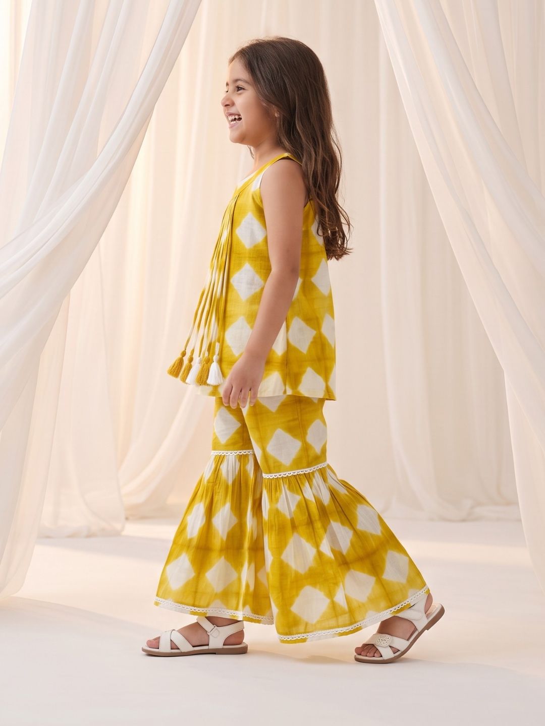 Mustard Shibori Print with Front Dori and Tassels Pure Cotton Girls Suit Set