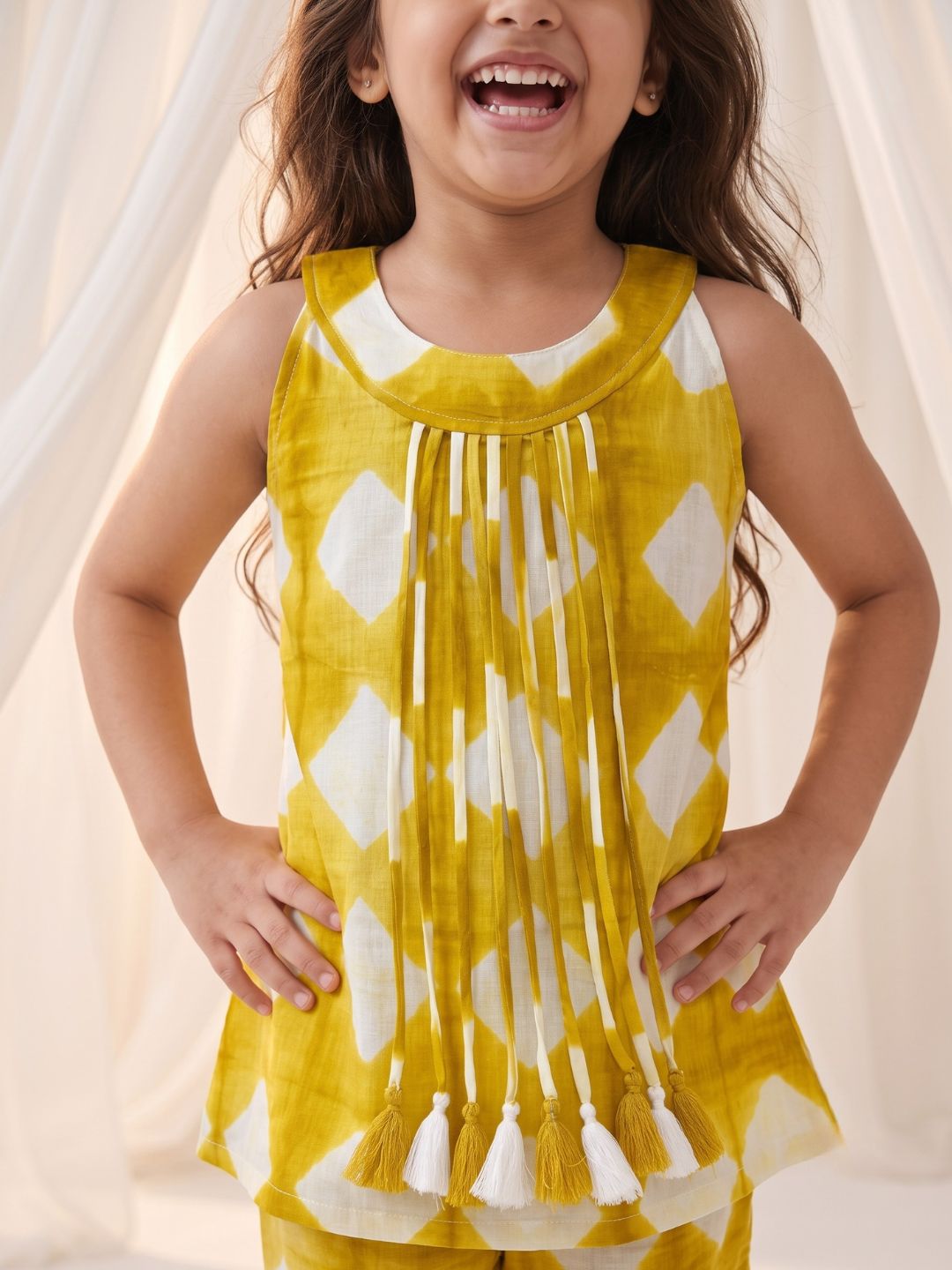 Mustard Shibori Print with Front Dori and Tassels Pure Cotton Girls Suit Set
