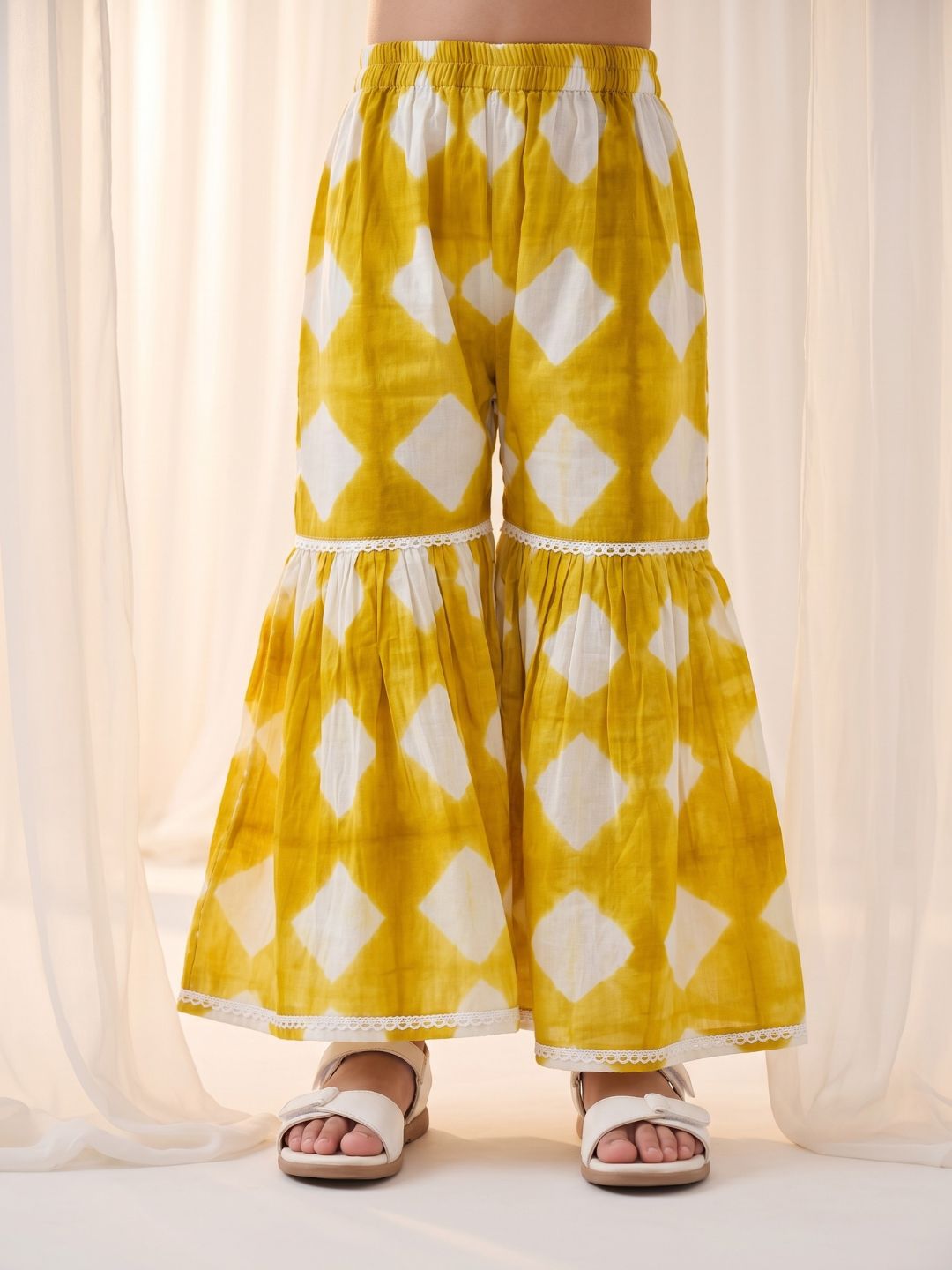 Mustard Shibori Print with Front Dori and Tassels Pure Cotton Girls Suit Set
