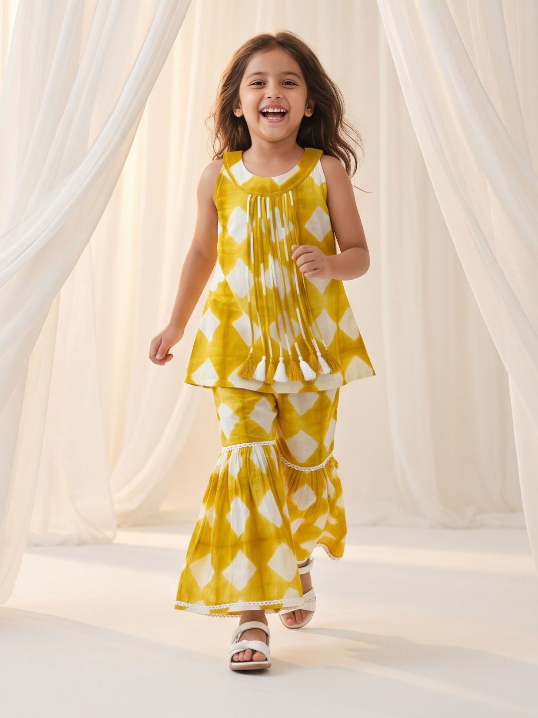Mustard Shibori Print with Front Dori and Tassels Pure Cotton Girls Suit Set