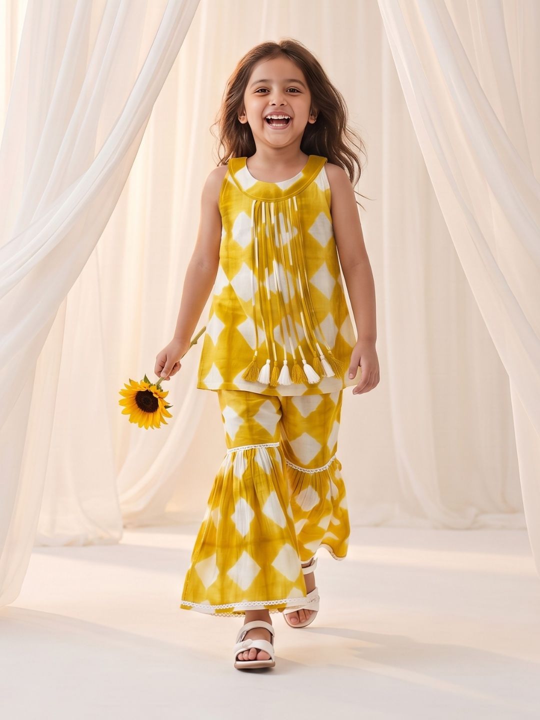 Mustard Shibori Print with Front Dori and Tassels Pure Cotton Girls Suit Set