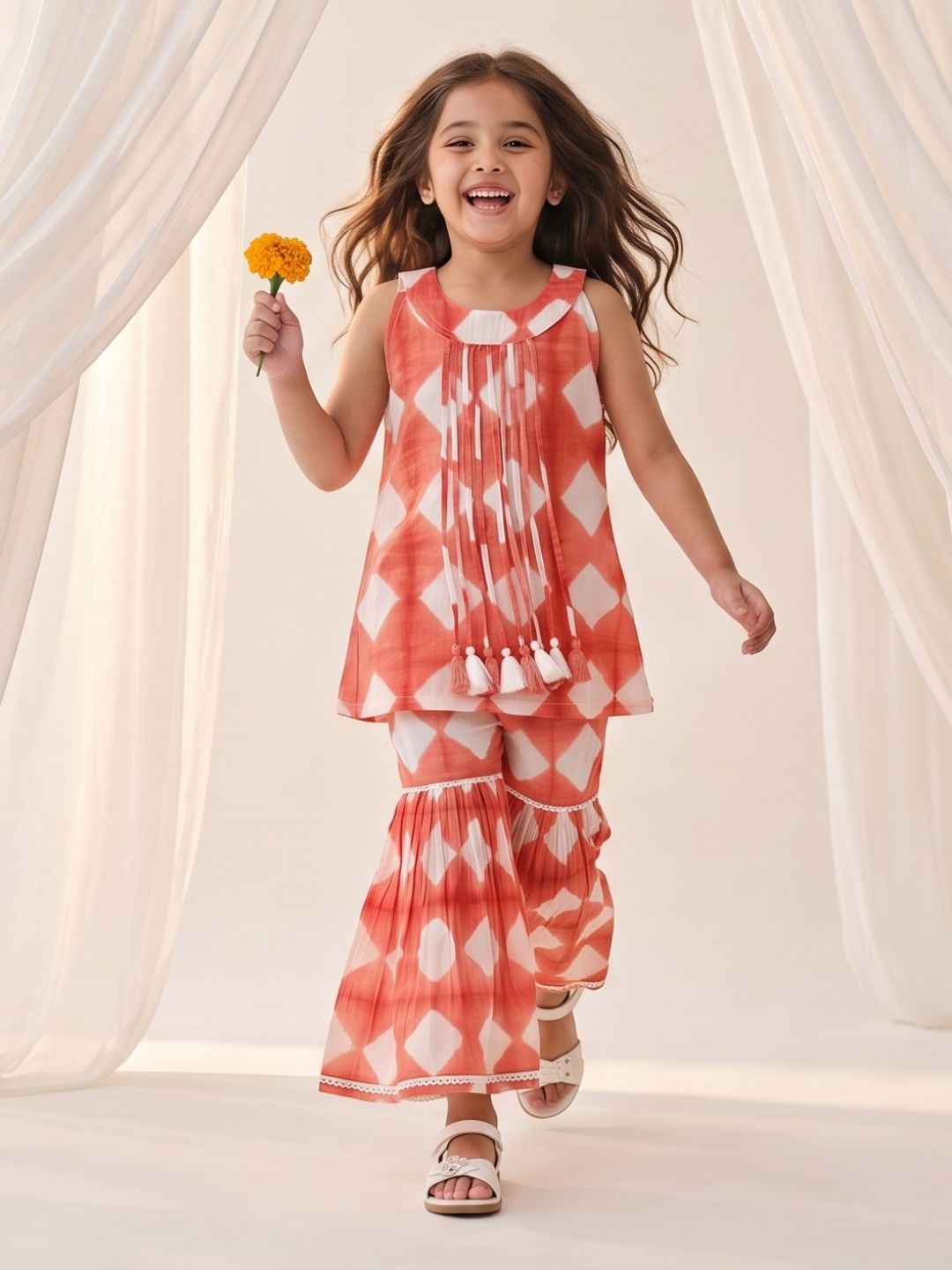 Orange Shibori Print with Front Dori and Tassels Pure Cotton Girls Suit Set