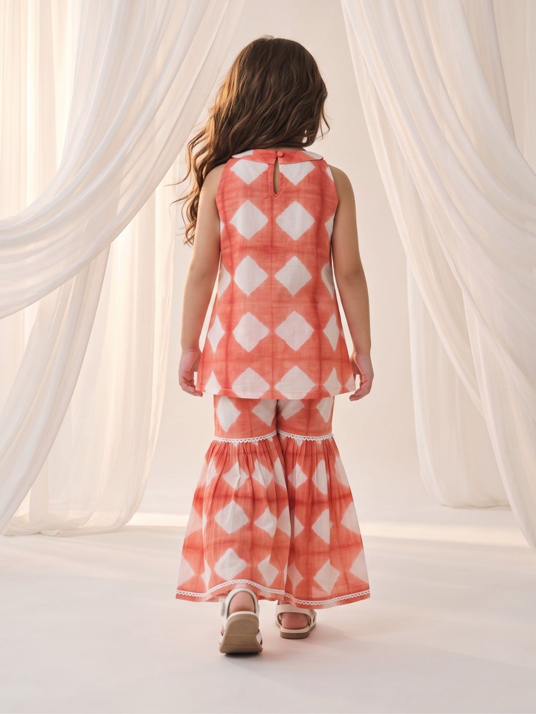 Orange Shibori Print with Front Dori and Tassels Pure Cotton Girls Suit Set