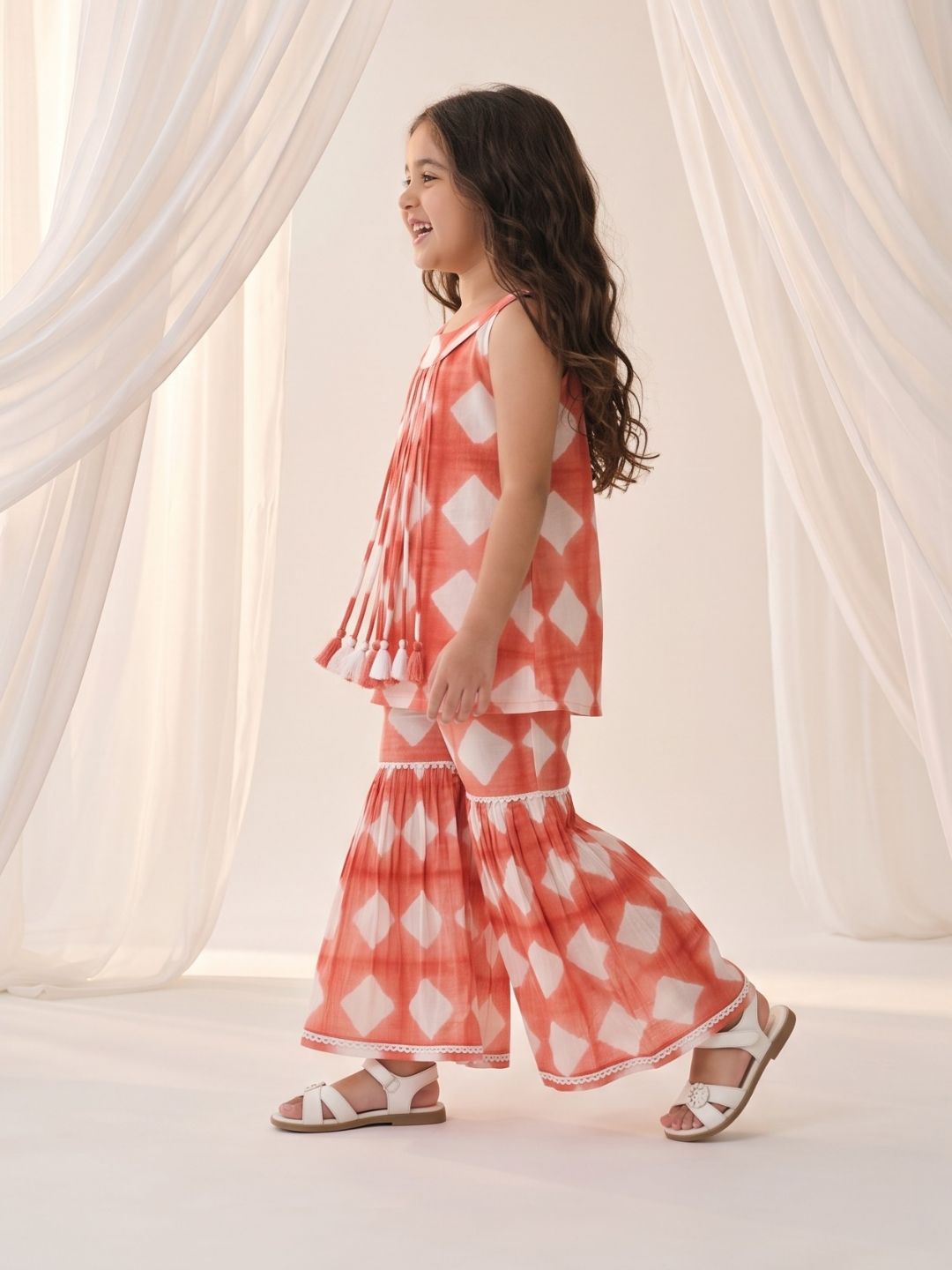 Orange Shibori Print with Front Dori and Tassels Pure Cotton Girls Suit Set
