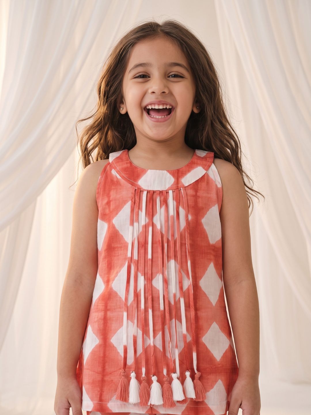 Orange Shibori Print with Front Dori and Tassels Pure Cotton Girls Suit Set