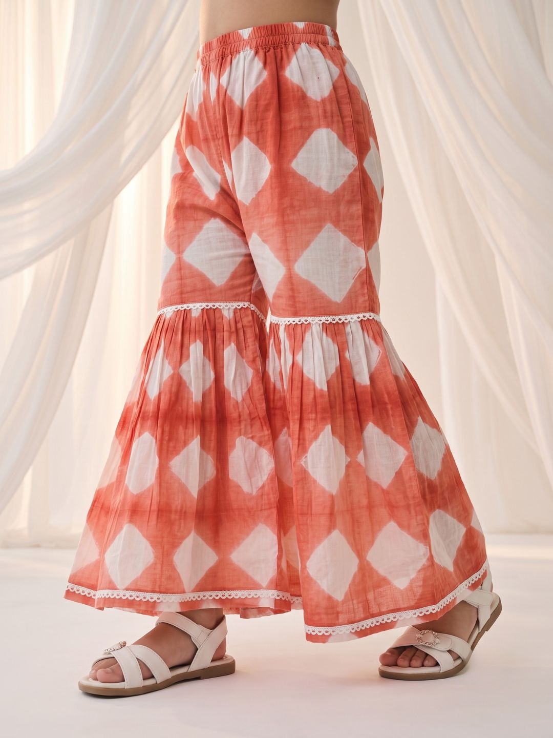 Orange Shibori Print with Front Dori and Tassels Pure Cotton Girls Suit Set