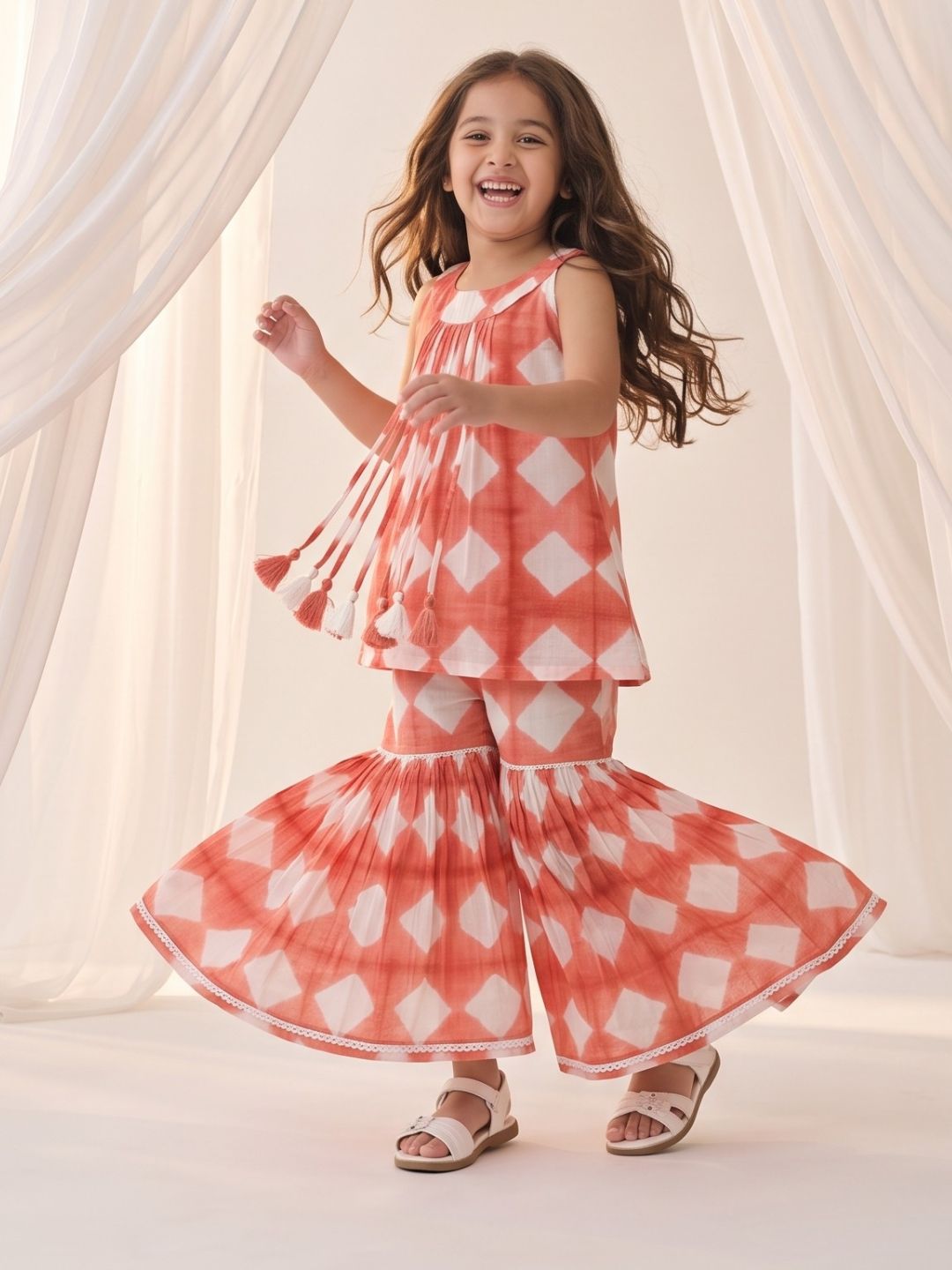 Orange Shibori Print with Front Dori and Tassels Pure Cotton Girls Suit Set