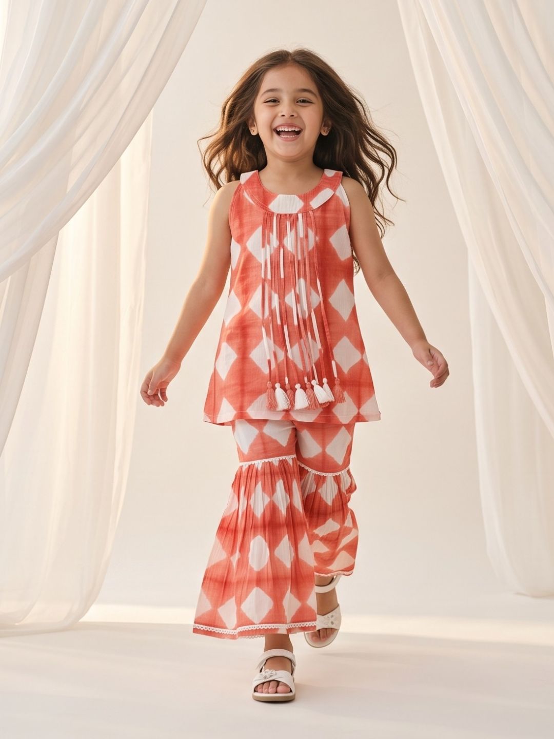 Orange Shibori Print with Front Dori and Tassels Pure Cotton Girls Suit Set