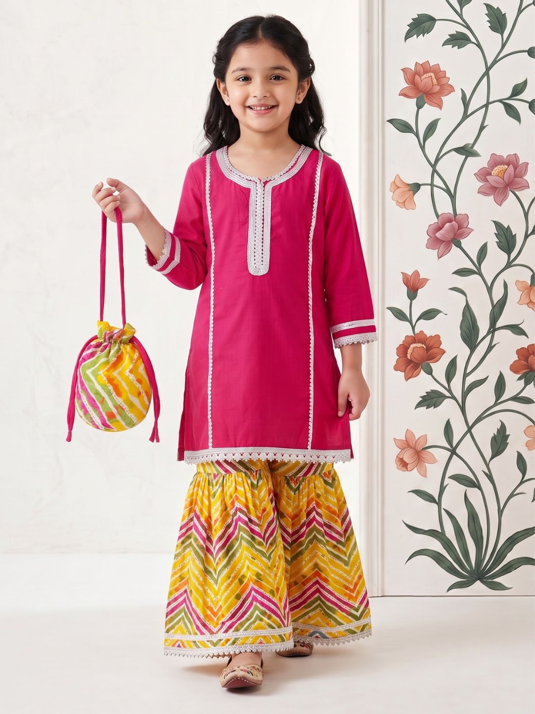Pink Solid with lace Pure Cotton Girls Suit Set With Potli Bag