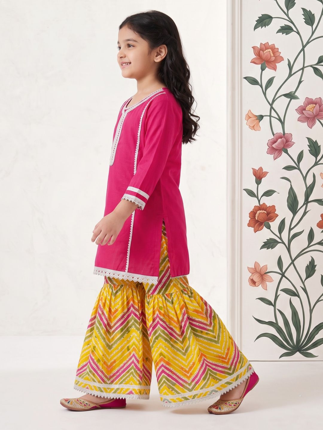 Pink Solid with lace Pure Cotton Girls Suit Set With Potli Bag