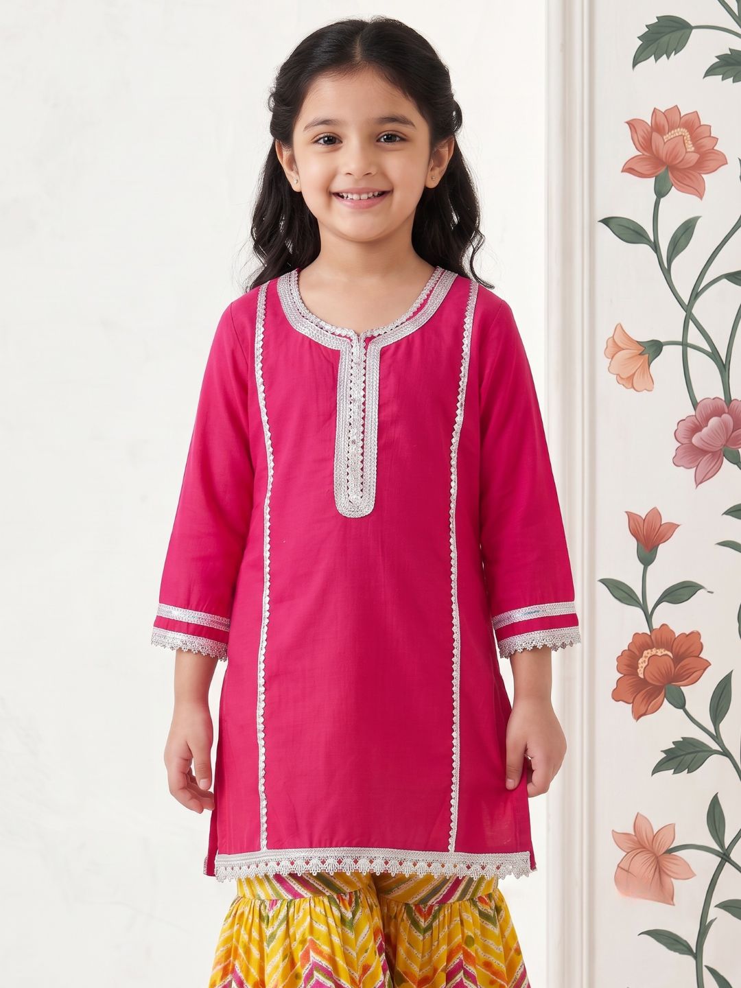 Pink Solid with lace Pure Cotton Girls Suit Set With Potli Bag