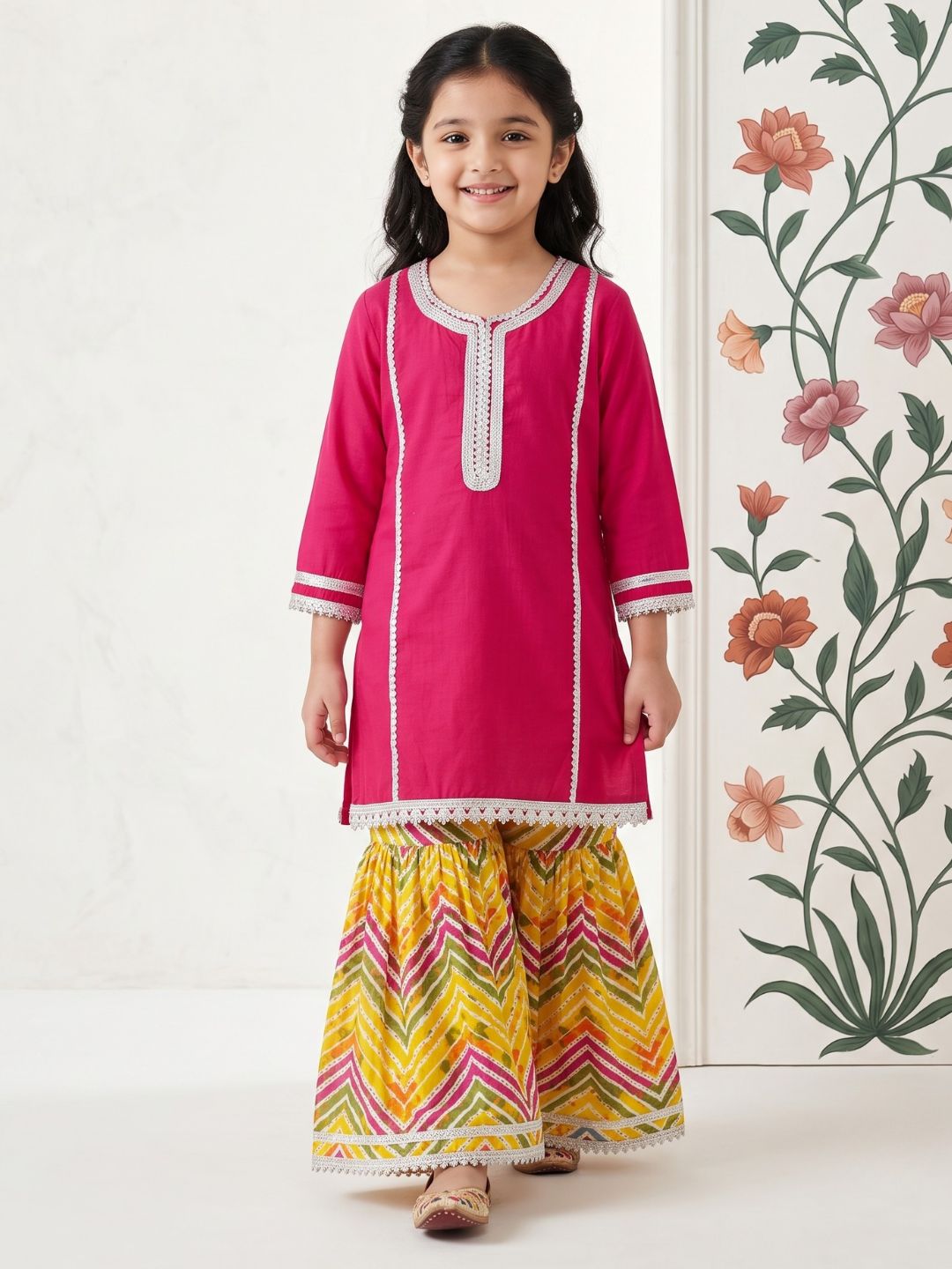 Pink Solid with lace Pure Cotton Girls Suit Set With Potli Bag