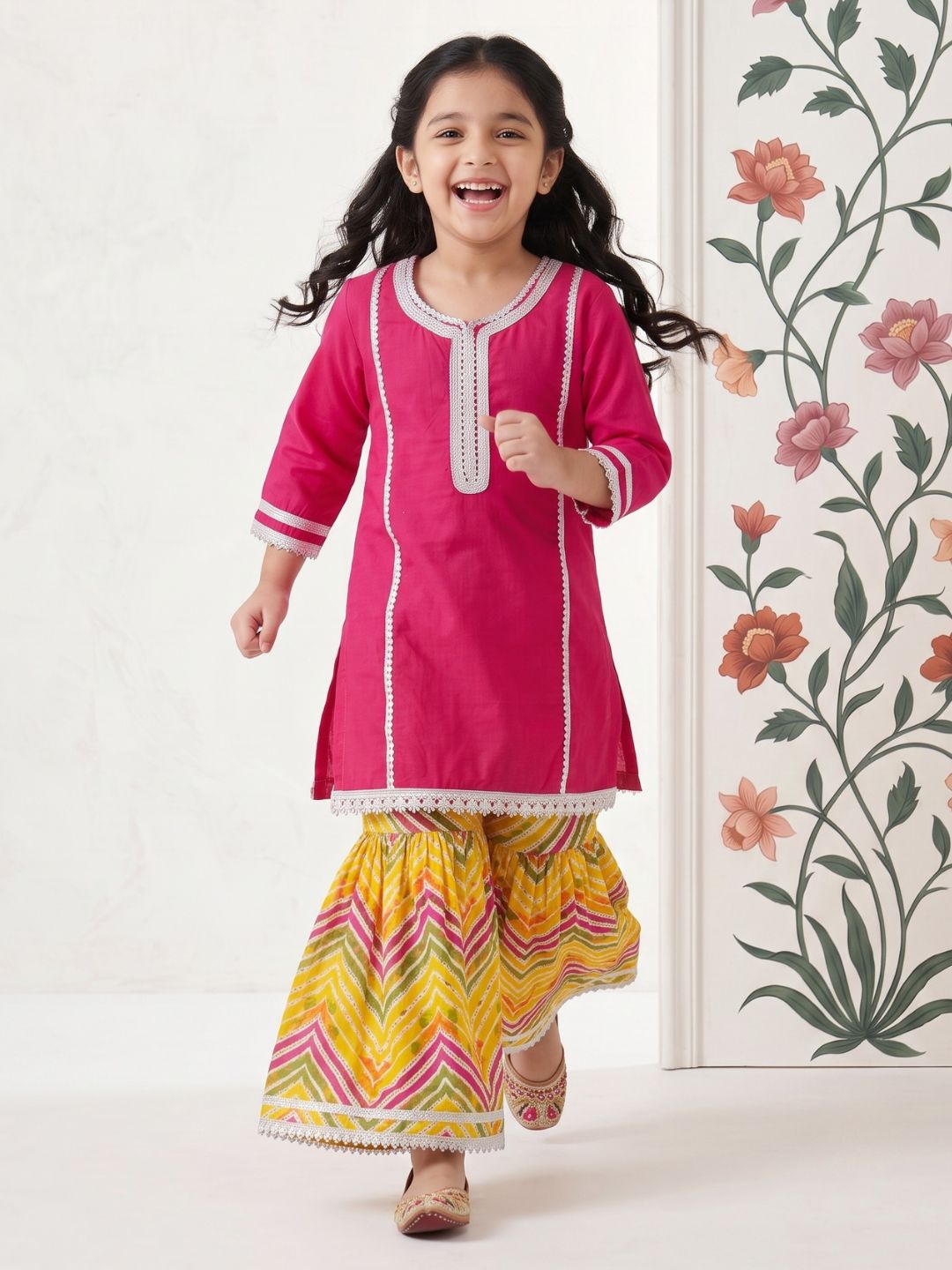 Pink Solid with lace Pure Cotton Girls Suit Set With Potli Bag