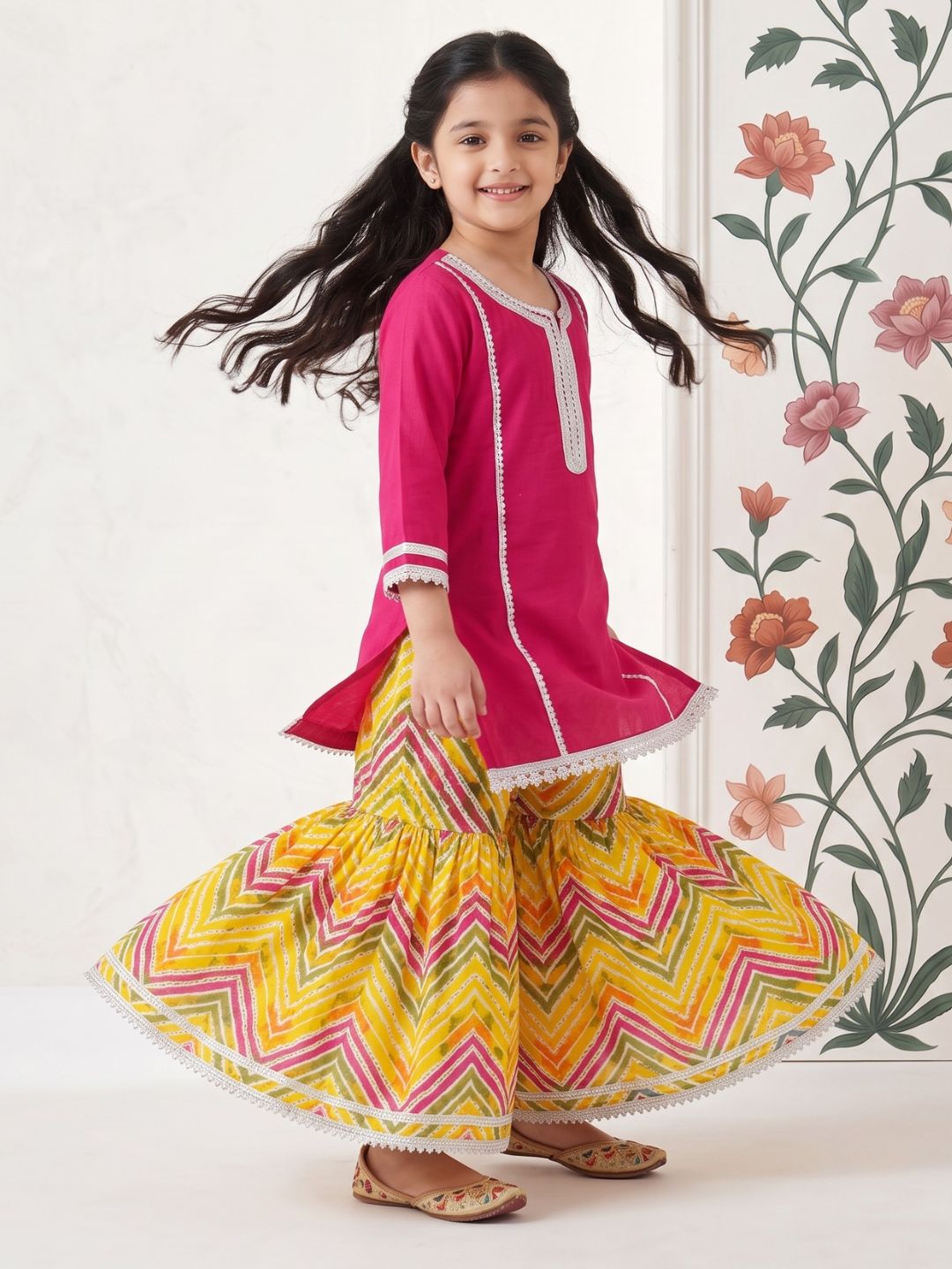 Pink Solid with lace Pure Cotton Girls Suit Set With Potli Bag