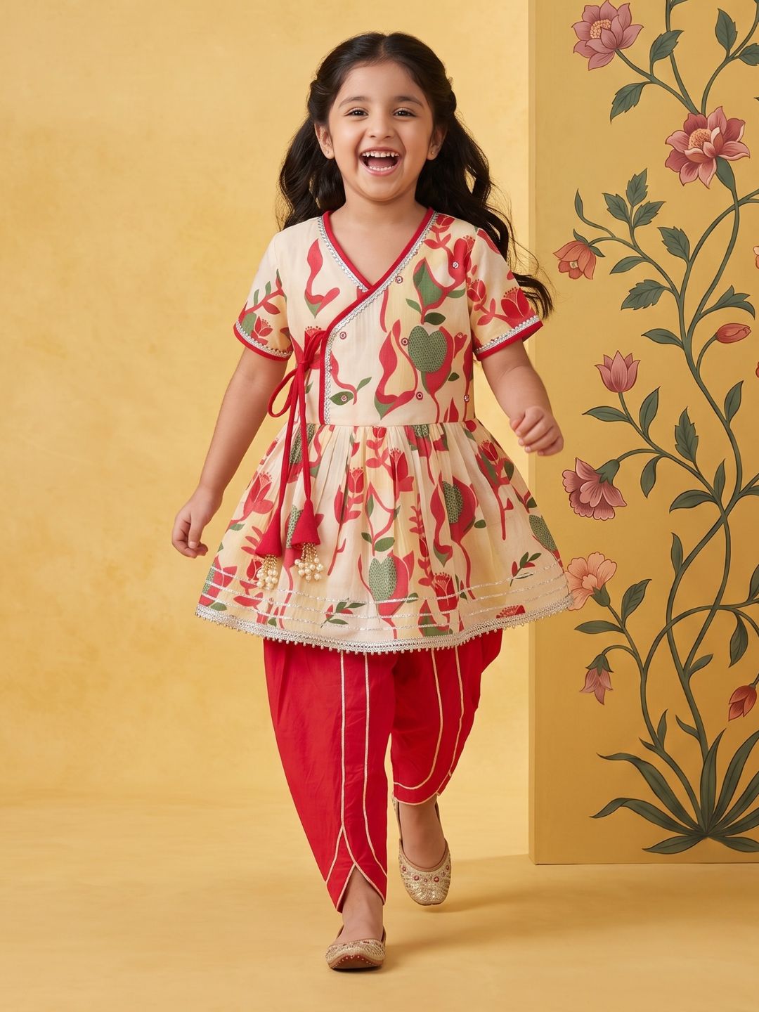 Red Floral Print Pure Cotton Girls Suit Set