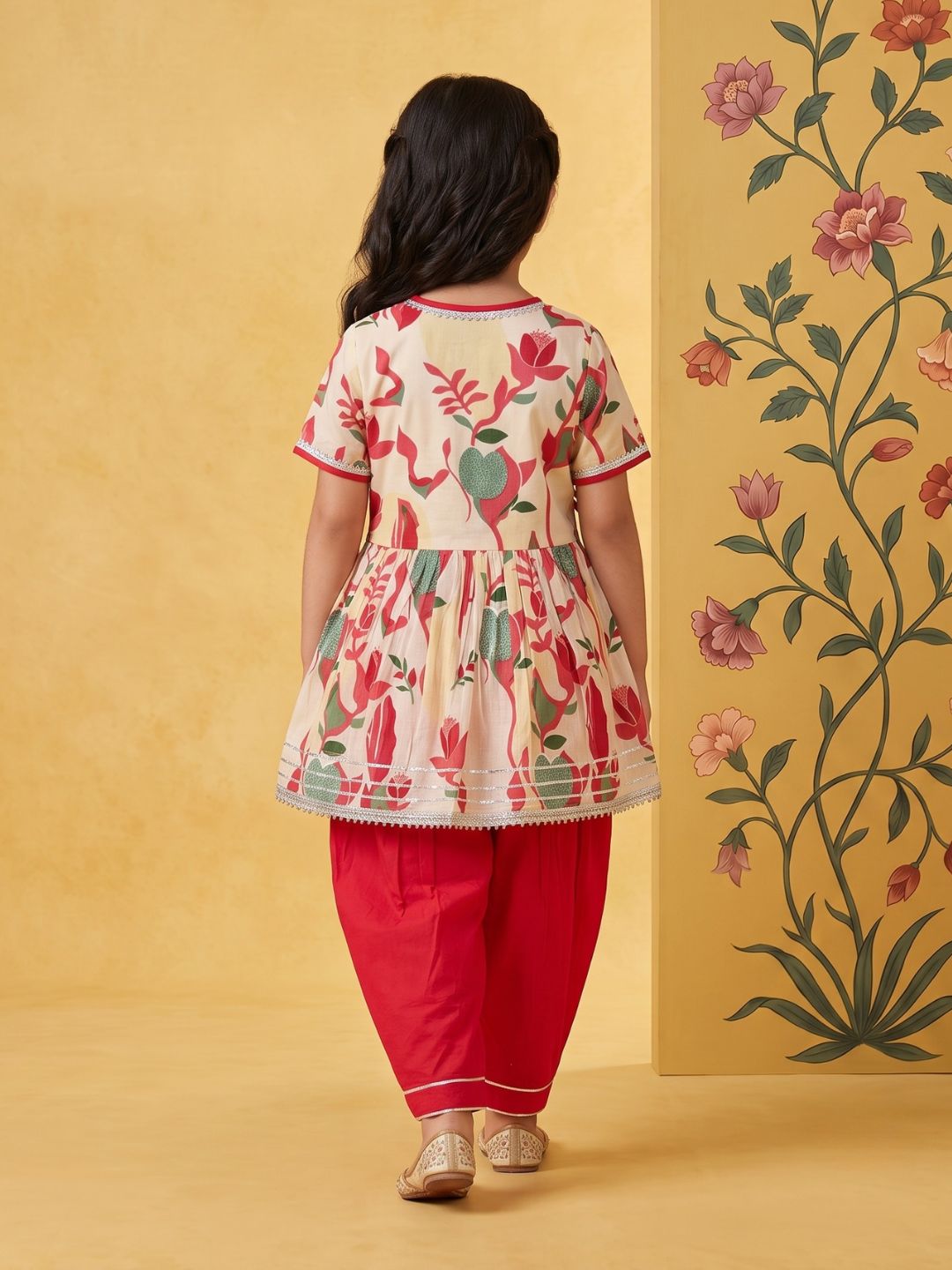 Red Floral Print Pure Cotton Girls Suit Set
