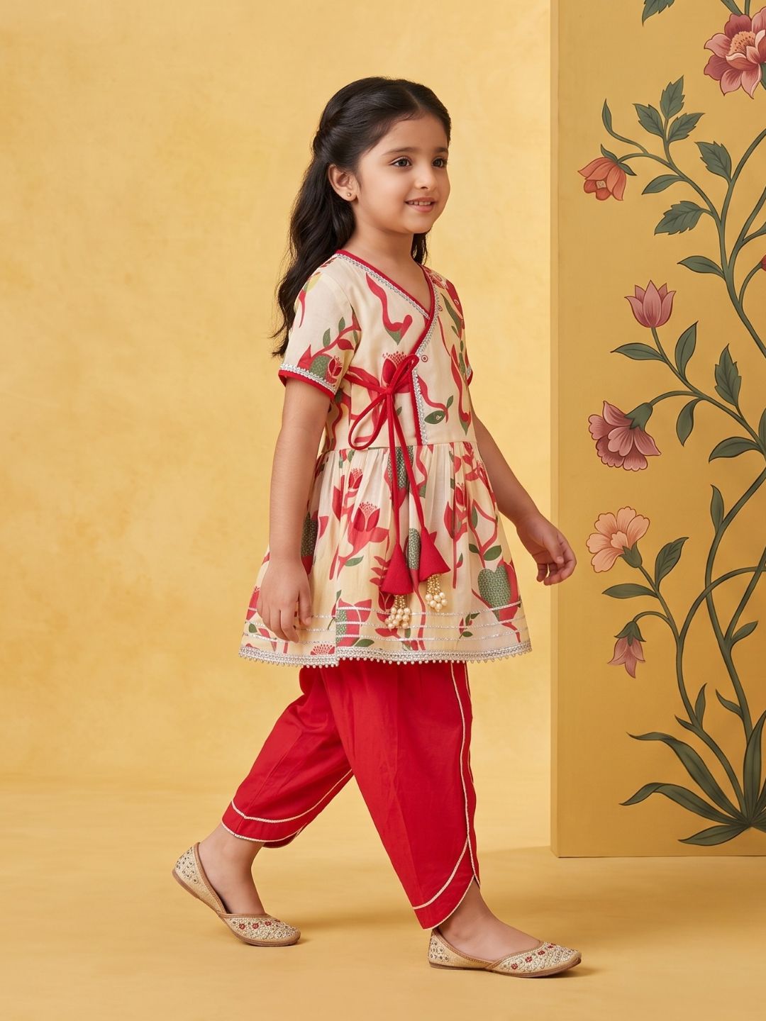 Red Floral Print Pure Cotton Girls Suit Set