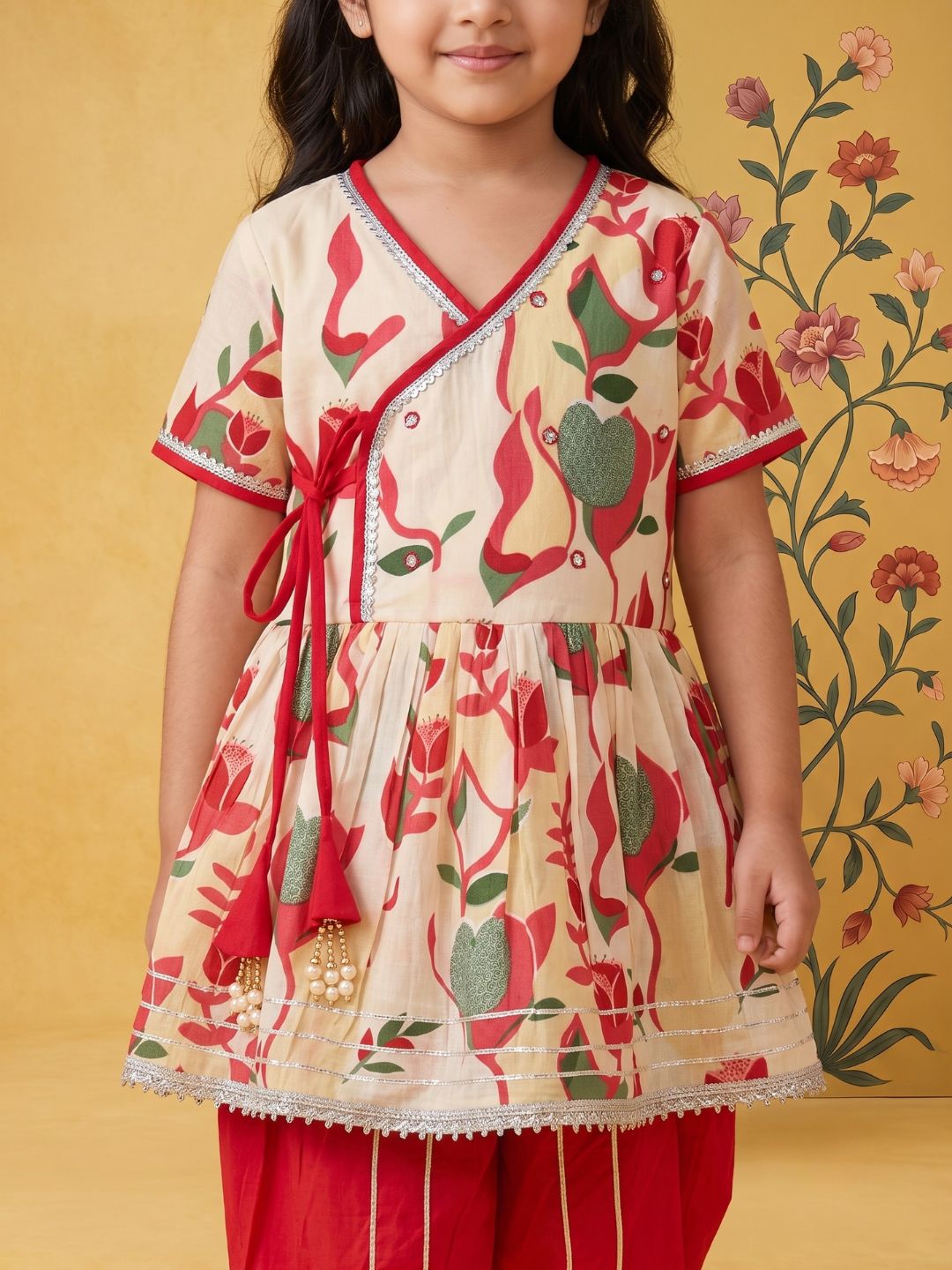 Red Floral Print Pure Cotton Girls Suit Set