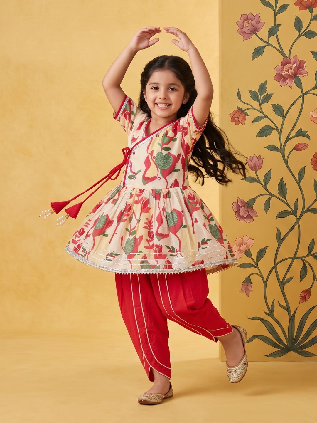 Red Floral Print Pure Cotton Girls Suit Set