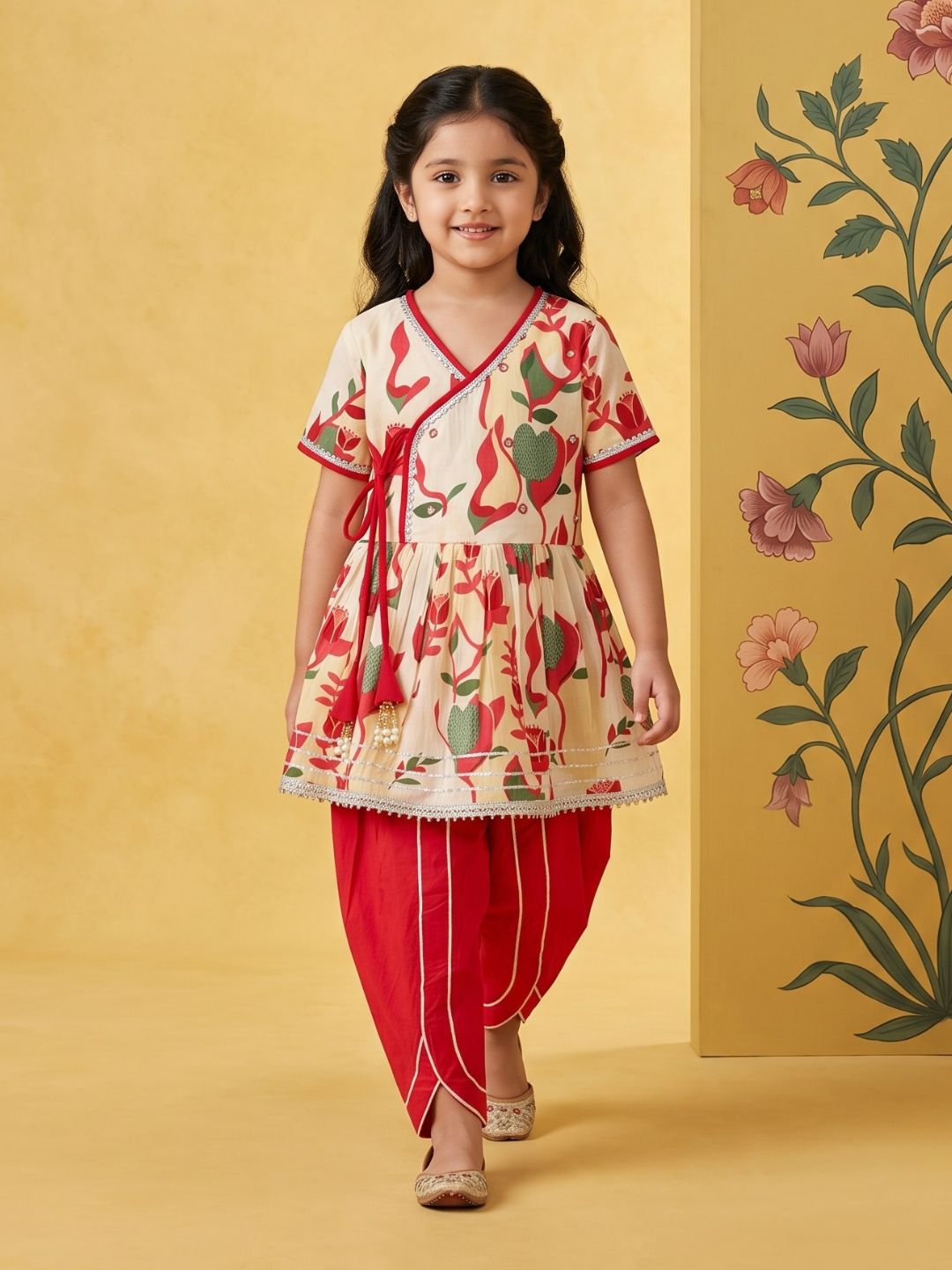 Red Floral Print Pure Cotton Girls Suit Set