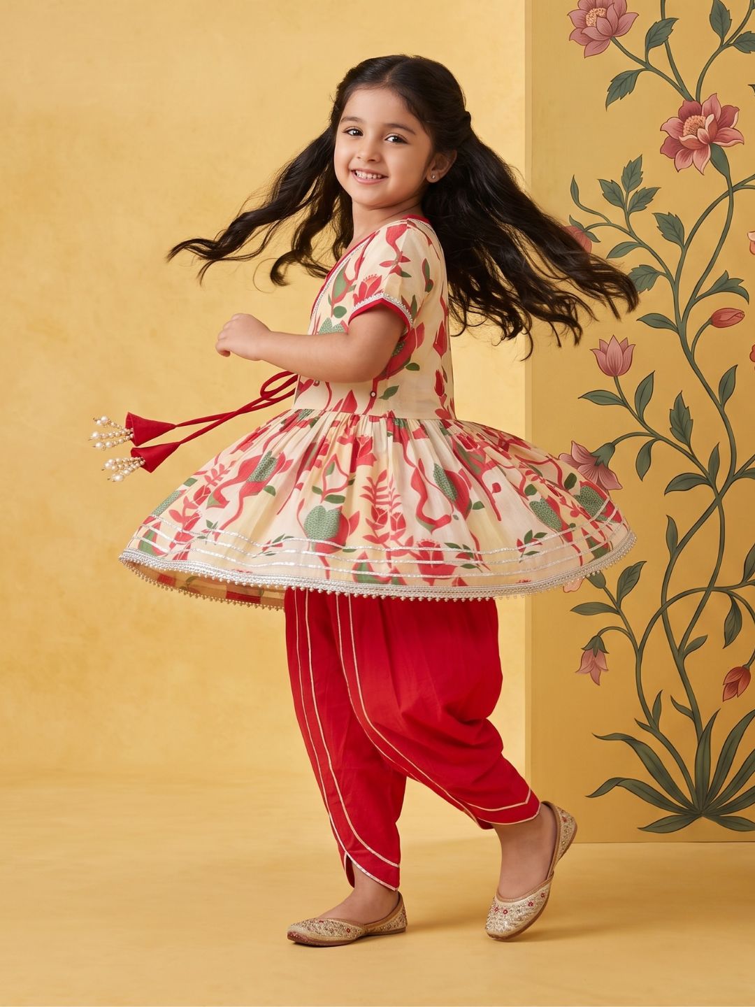 Red Floral Print Pure Cotton Girls Suit Set