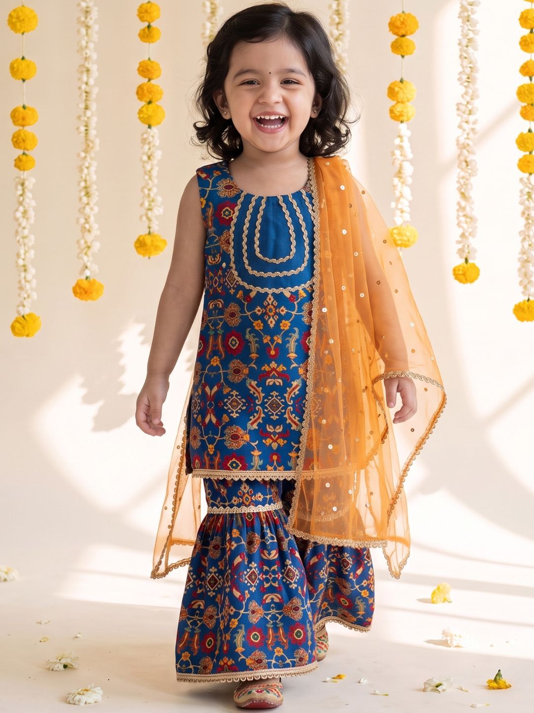 Blue Ethnic Print Cotton Blend Kurti Sharara & Dupatta Set For Girls