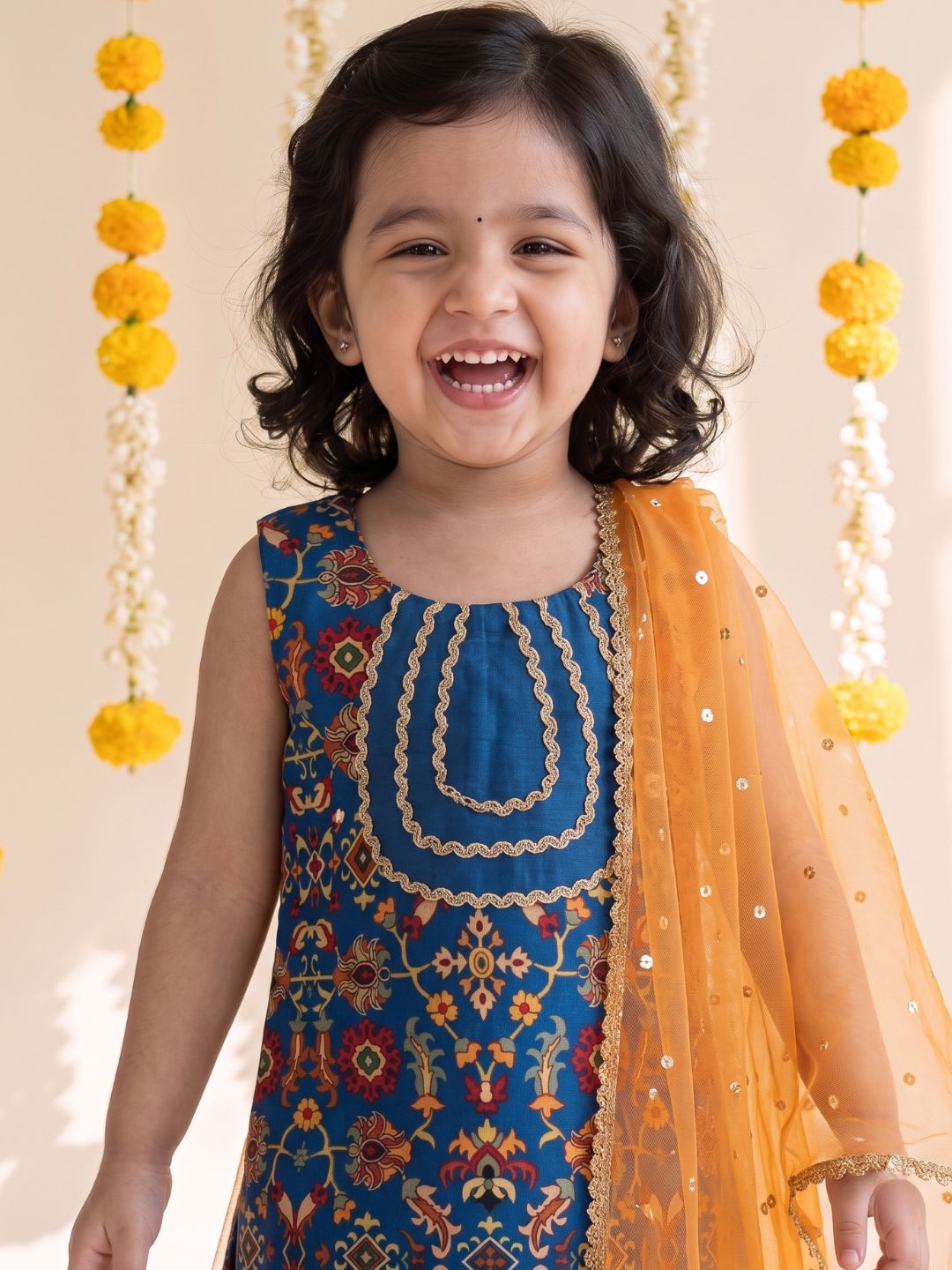 Blue Ethnic Print Cotton Blend Kurti Sharara & Dupatta Set For Girls