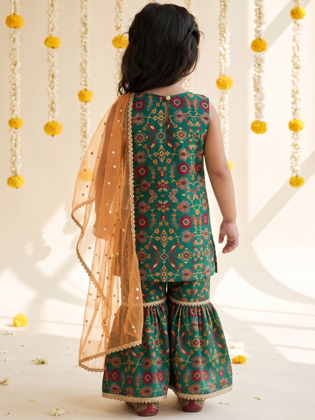 Green Ethnic Print Cotton Blend Kurti Sharara & Dupatta Set For Girls