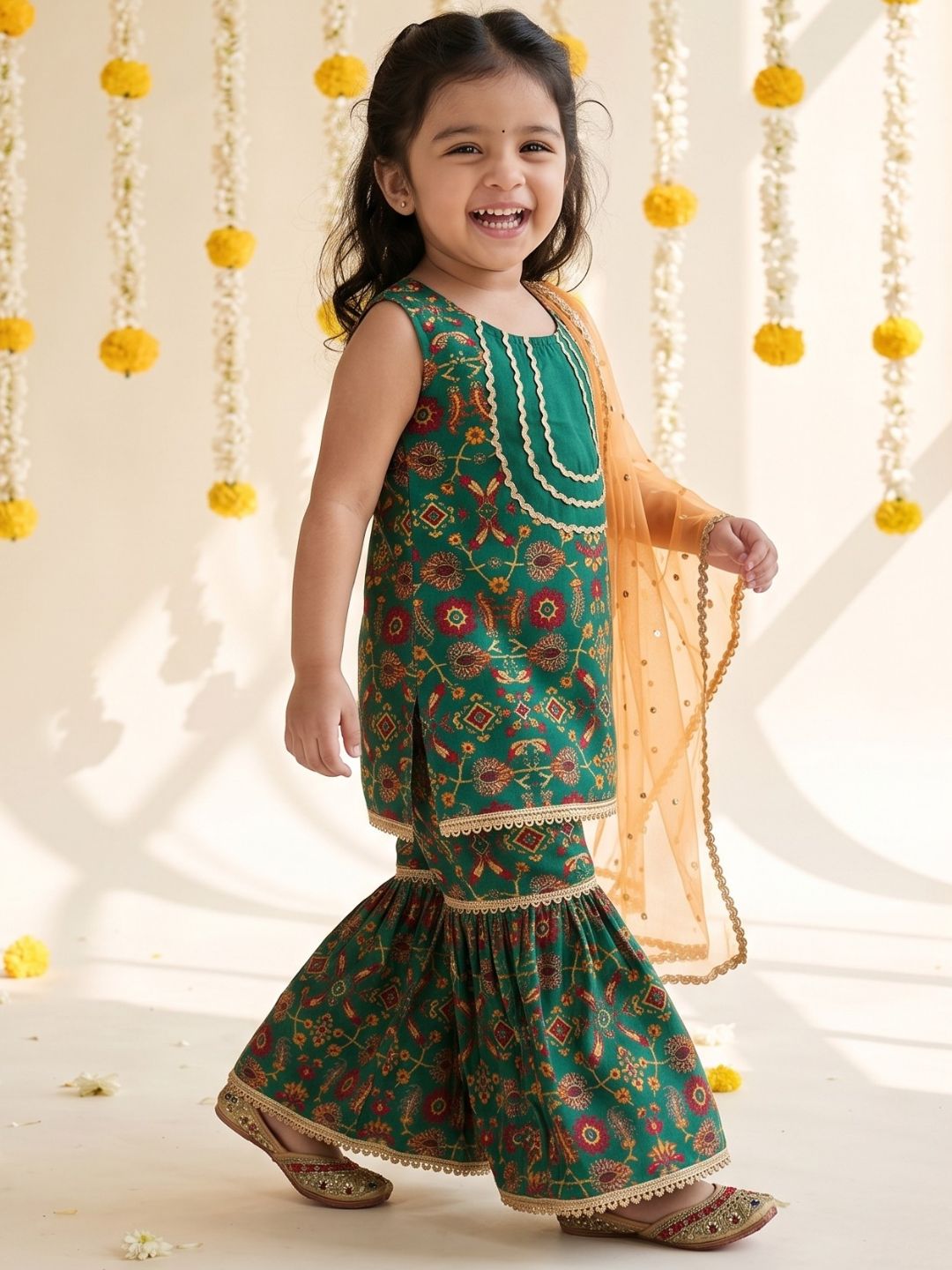 Green Ethnic Print Cotton Blend Kurti Sharara & Dupatta Set For Girls