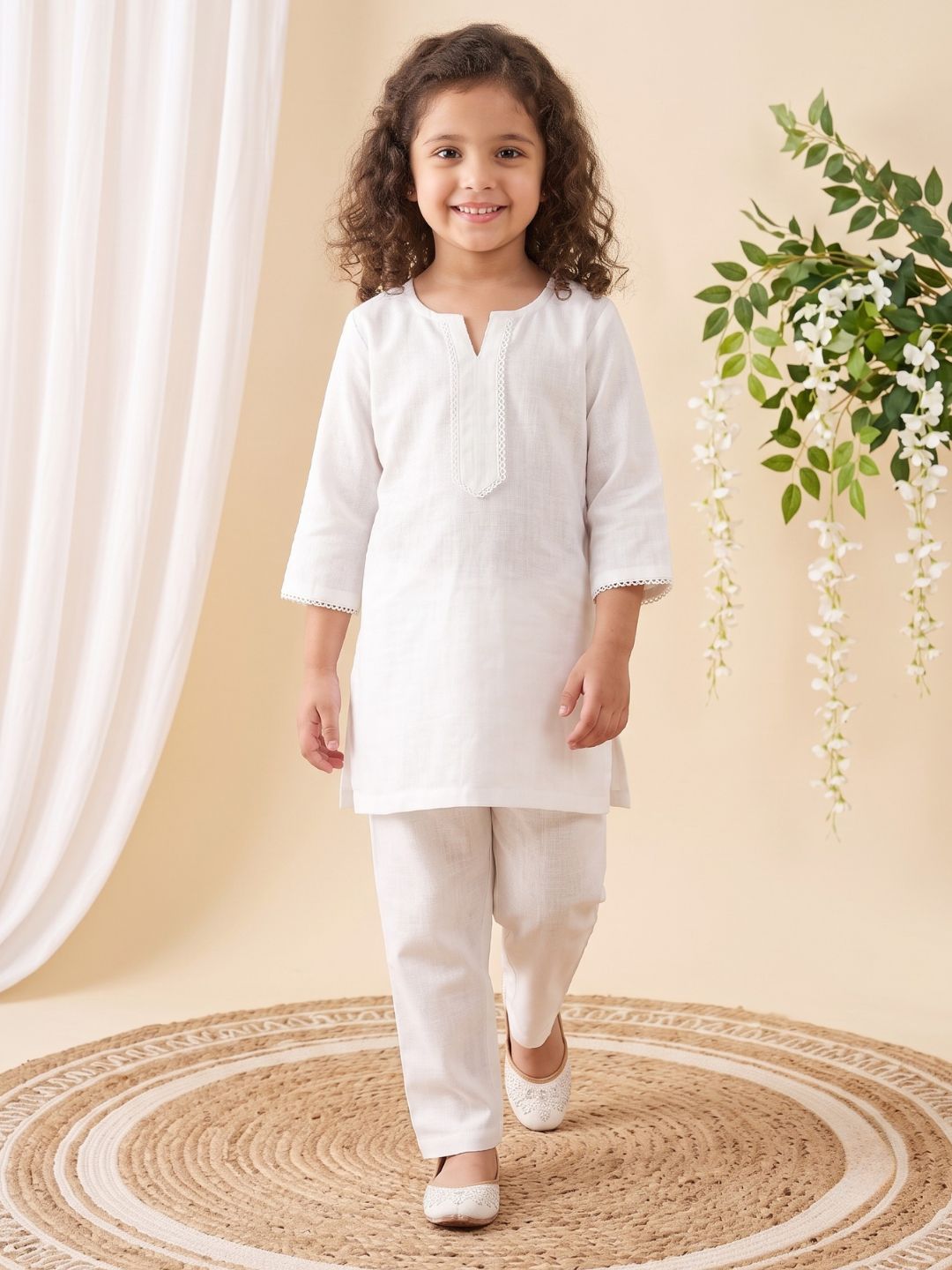White Solid Pure Cotton Girls Suit Set