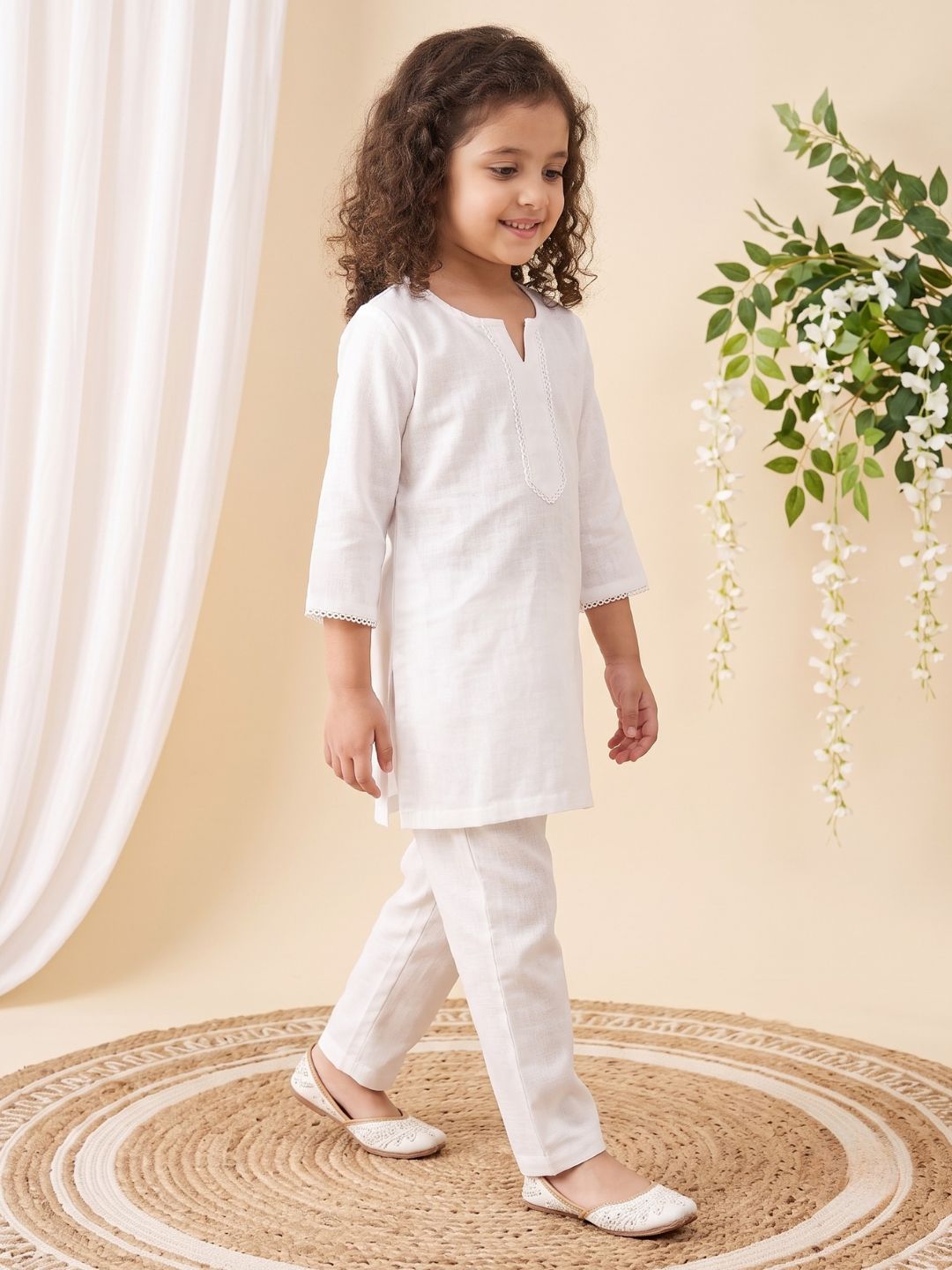 White Solid Pure Cotton Girls Suit Set