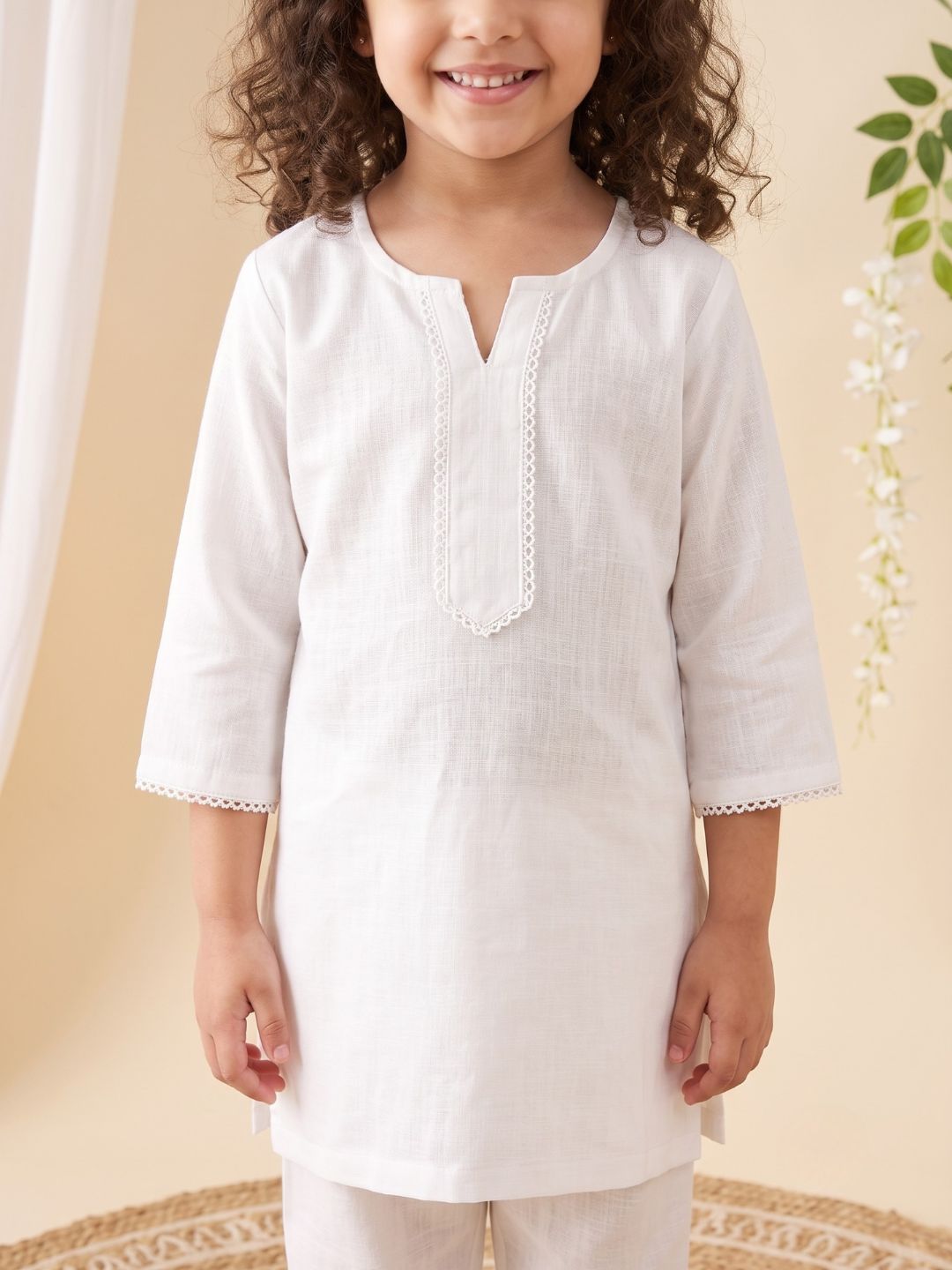 White Solid Pure Cotton Girls Suit Set