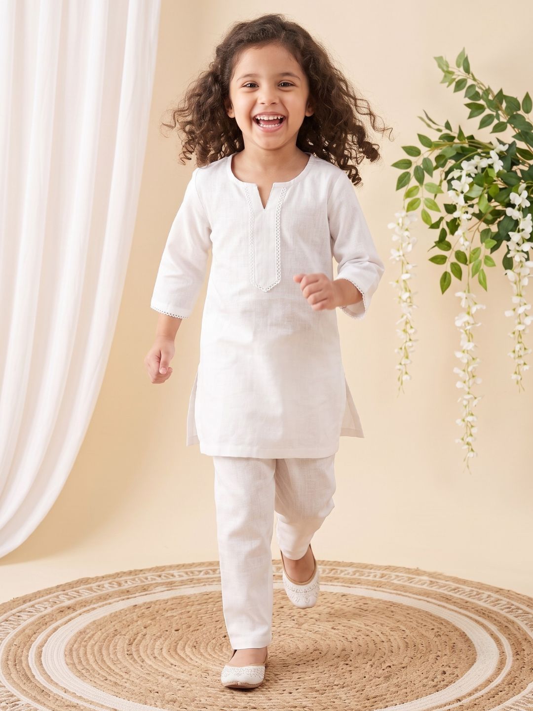 White Solid Pure Cotton Girls Suit Set