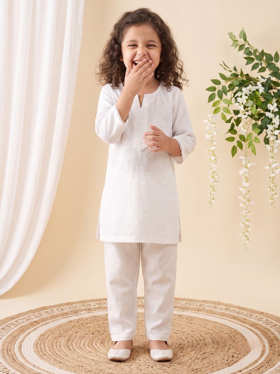 White Solid Pure Cotton Girls Suit Set