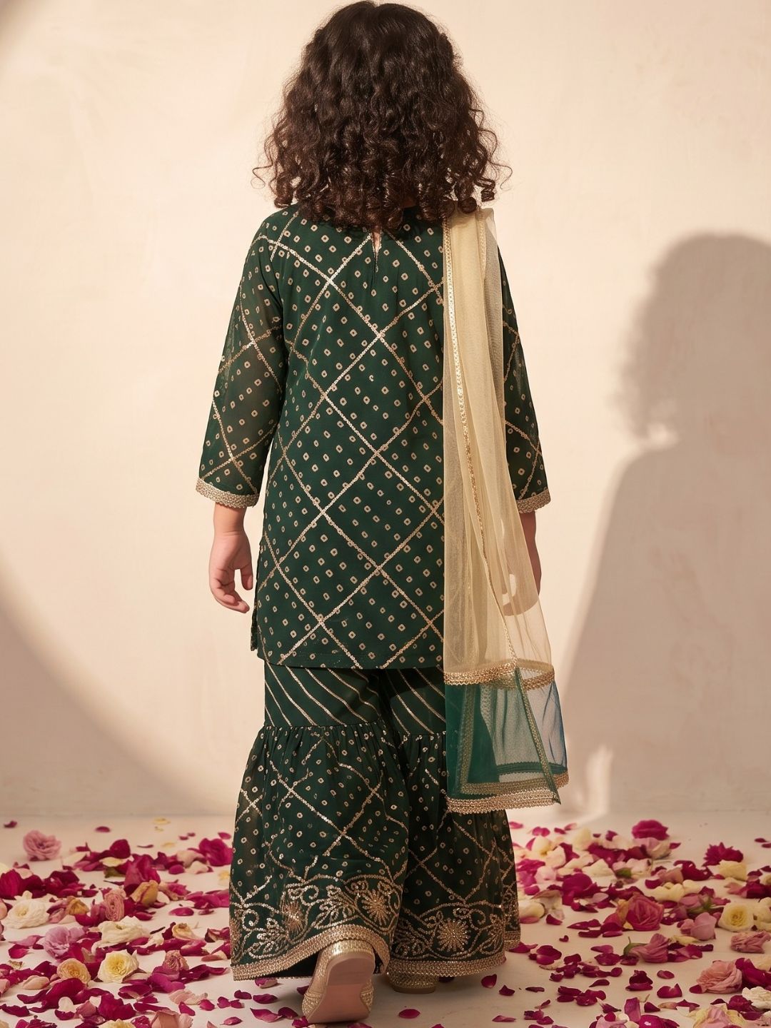 Green Embroidered Gotta Patti Kurti Sharara with Dupatta Set For Girls