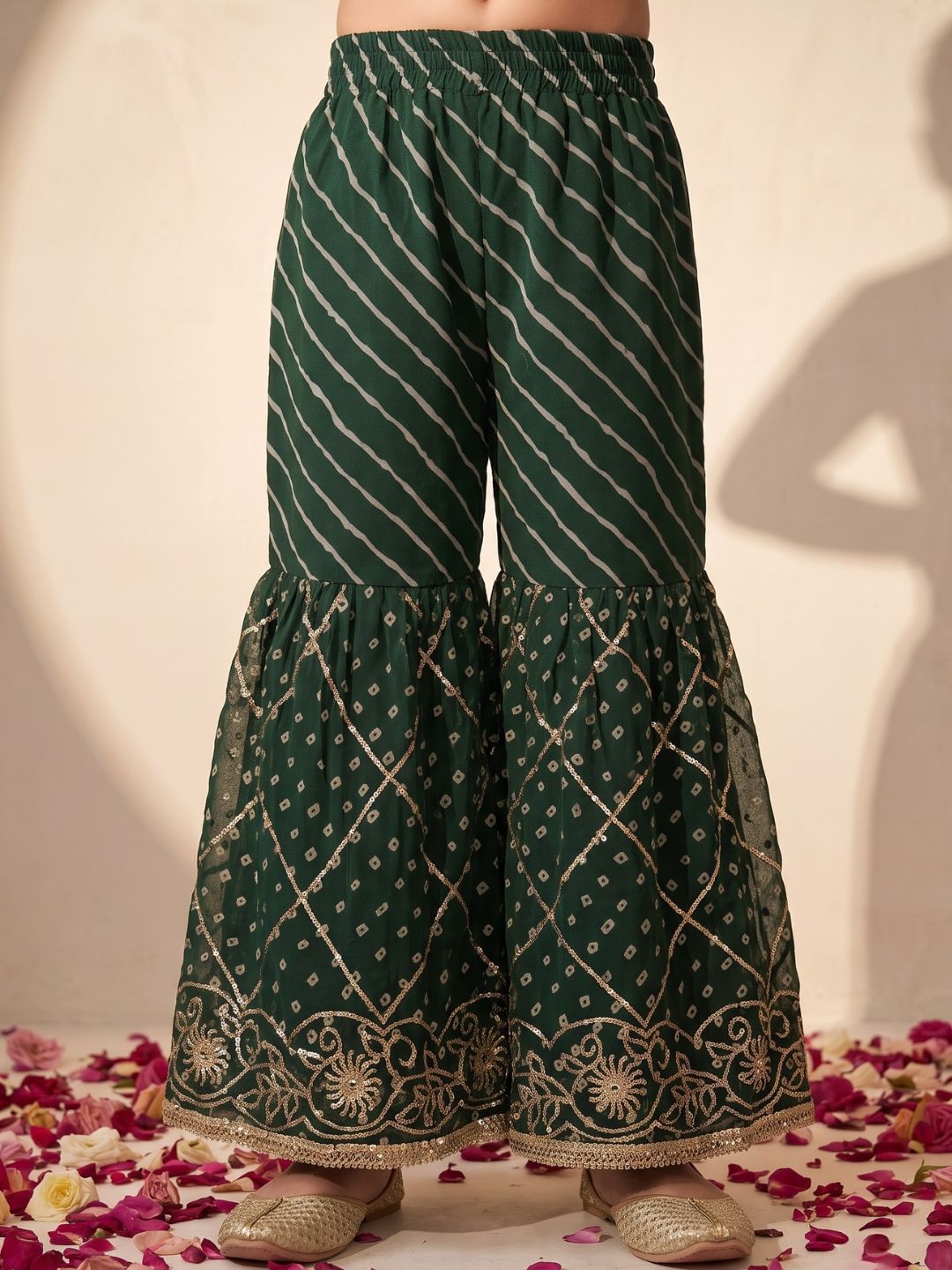 Green Embroidered Gotta Patti Kurti Sharara with Dupatta Set For Girls