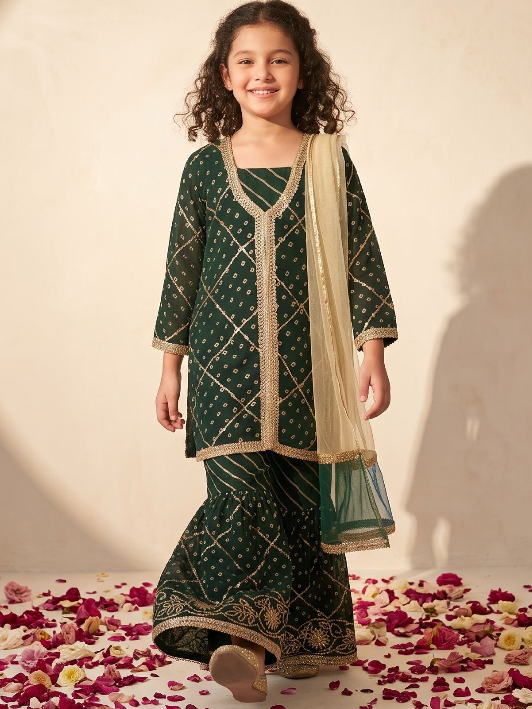 Green Embroidered Gotta Patti Kurti Sharara with Dupatta Set For Girls