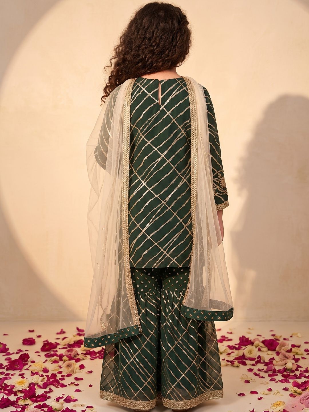Green Embroidered Gotta Patti Kurti Sharara with Dupatta Set For Girls
