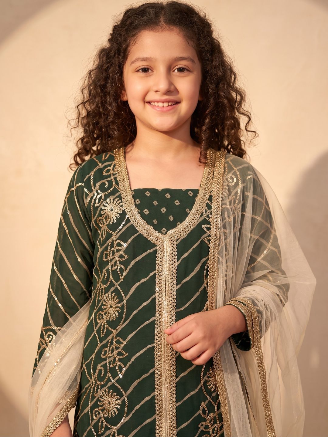 Green Embroidered Gotta Patti Kurti Sharara with Dupatta Set For Girls