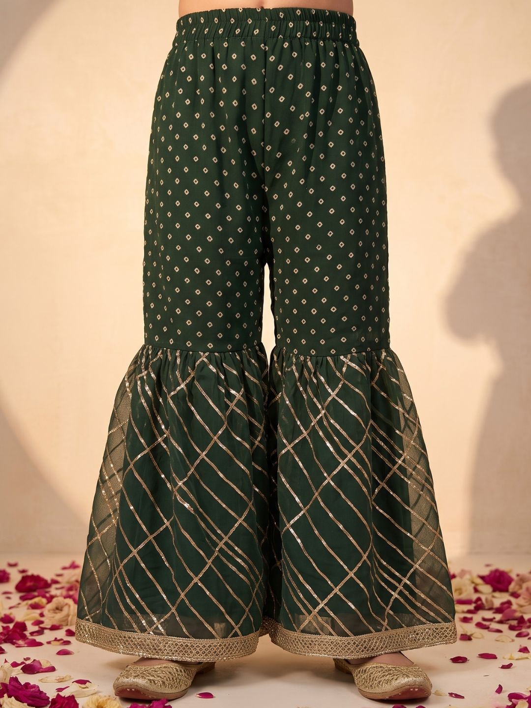 Green Embroidered Gotta Patti Kurti Sharara with Dupatta Set For Girls