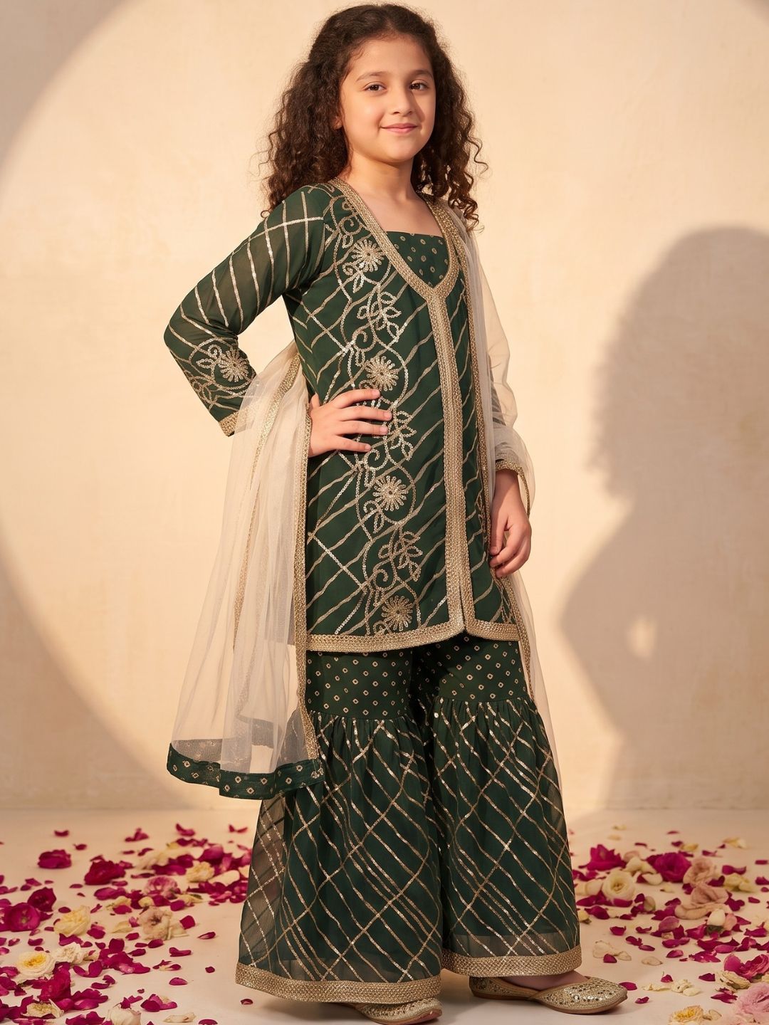 Green Embroidered Gotta Patti Kurti Sharara with Dupatta Set For Girls