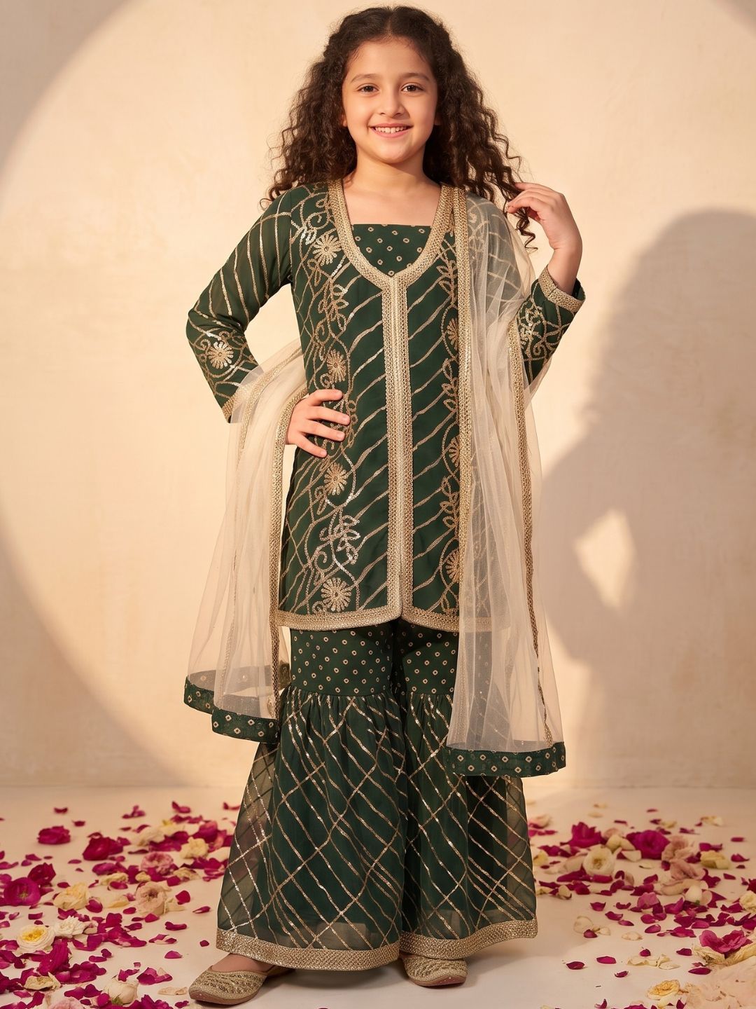 Green Embroidered Gotta Patti Kurti Sharara with Dupatta Set For Girls
