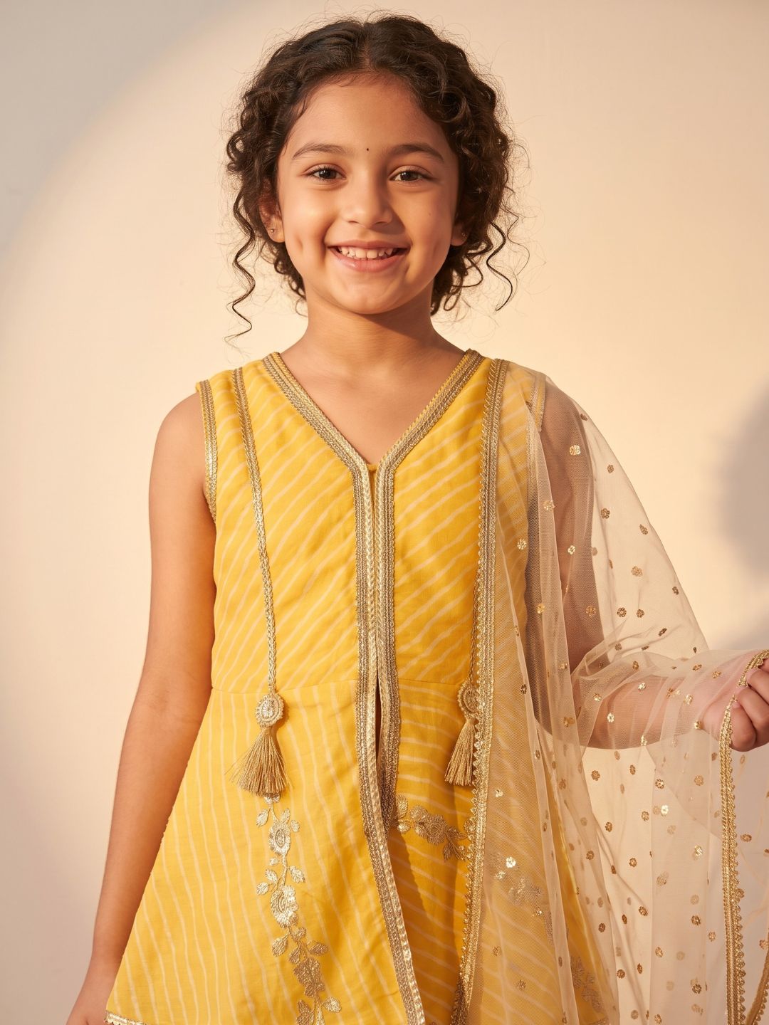 Yellow Georgette Leheriya Print Kurti Sharara With Dupatta Set For Girls