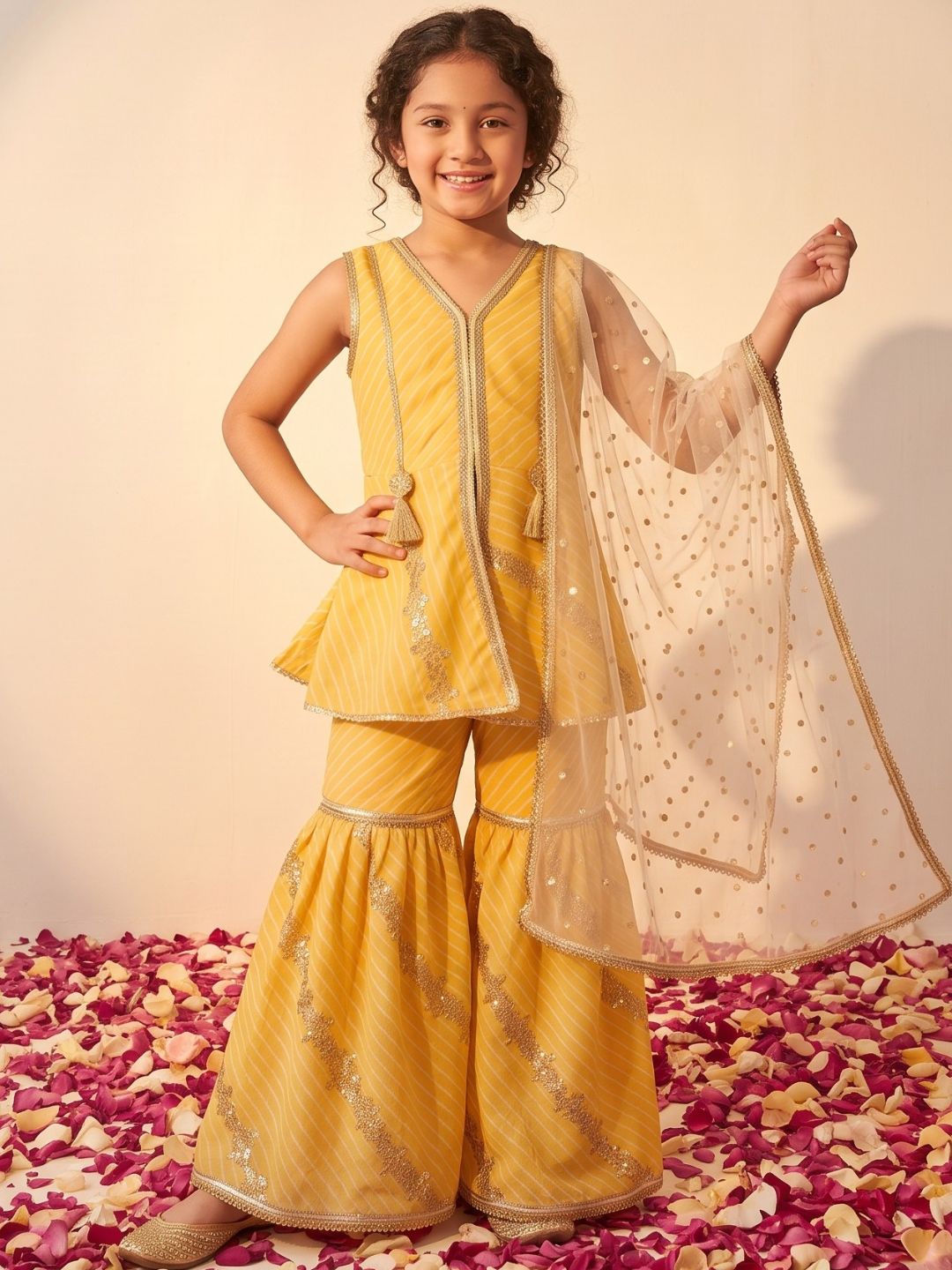 Yellow Georgette Leheriya Print Kurti Sharara With Dupatta Set For Girls