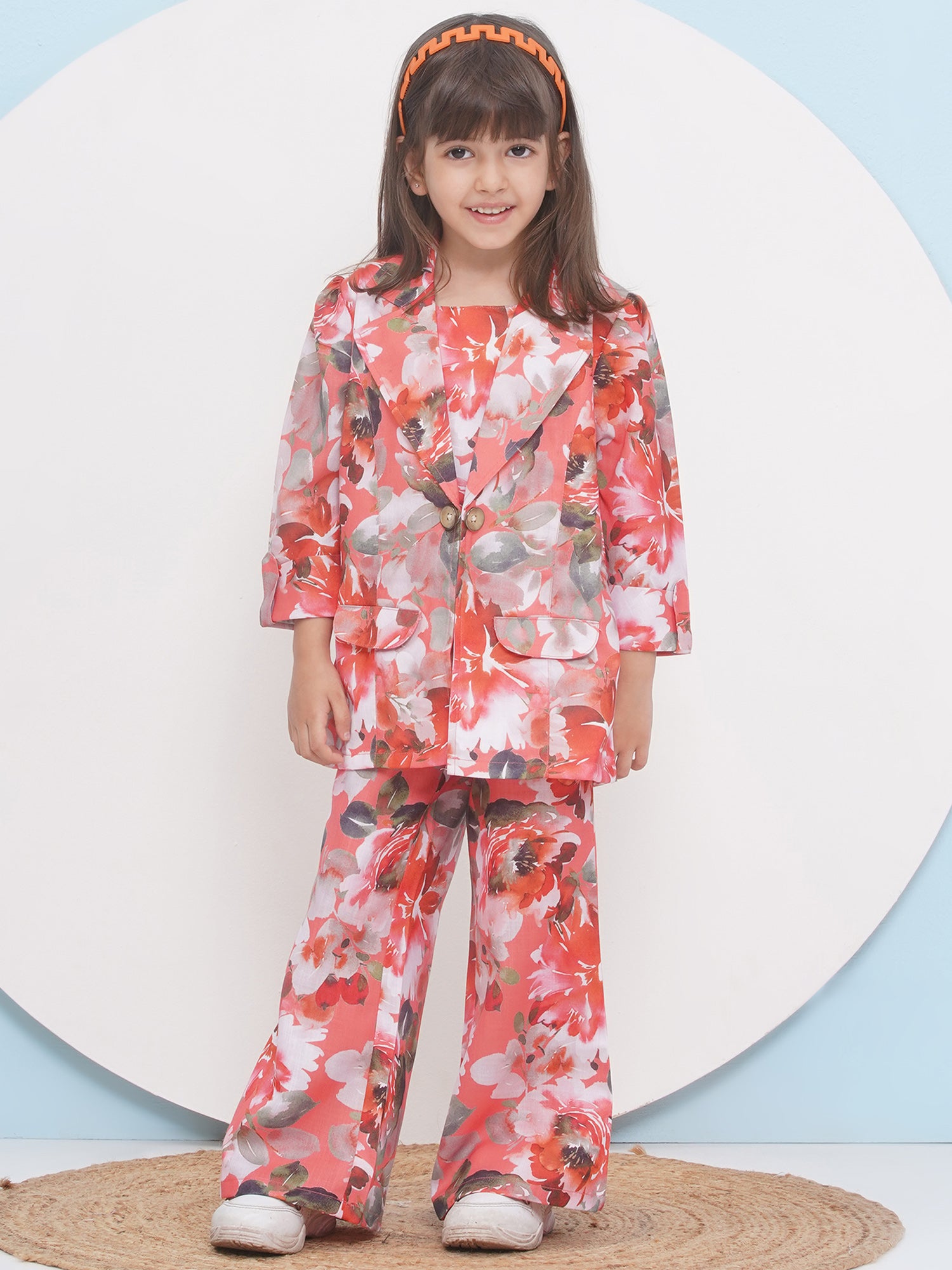 Orange Cotton Three-Fourth Sleeves Printed Co-Ords Set For Girls - AJ Dezines