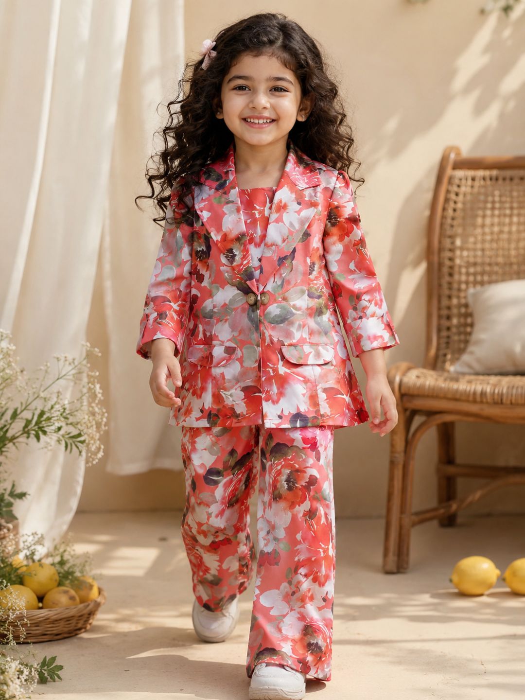 Orange Cotton Three-Fourth Sleeves Printed Co-Ords Set For Girls - AJ Dezines