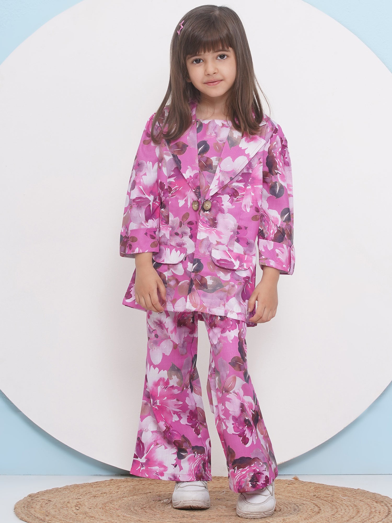 Purple Cotton Three-Fourth Sleeves Printed Co-Ords Set For Girls - AJ Dezines