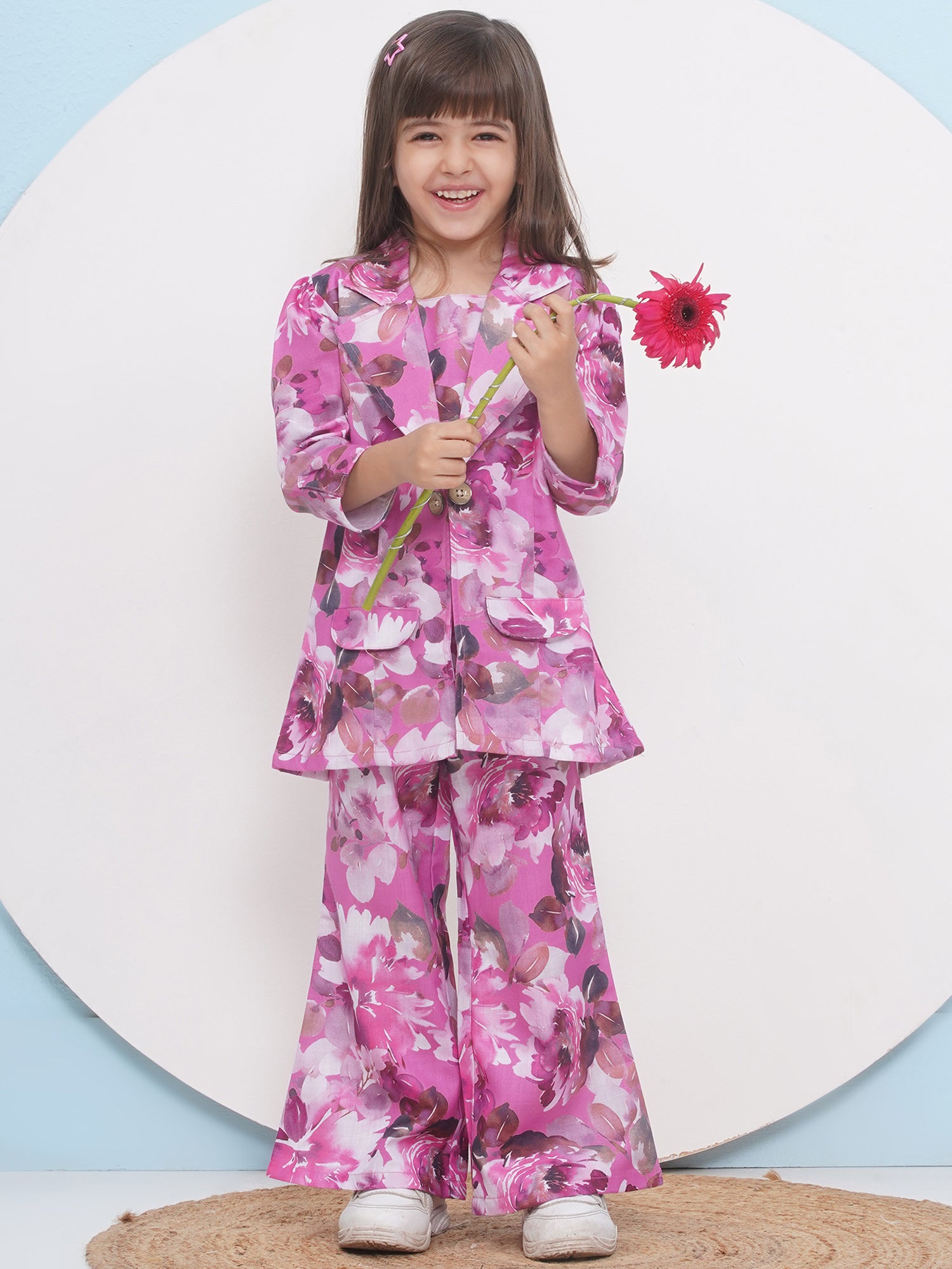 Purple Cotton Three-Fourth Sleeves Printed Co-Ords Set For Girls - AJ Dezines