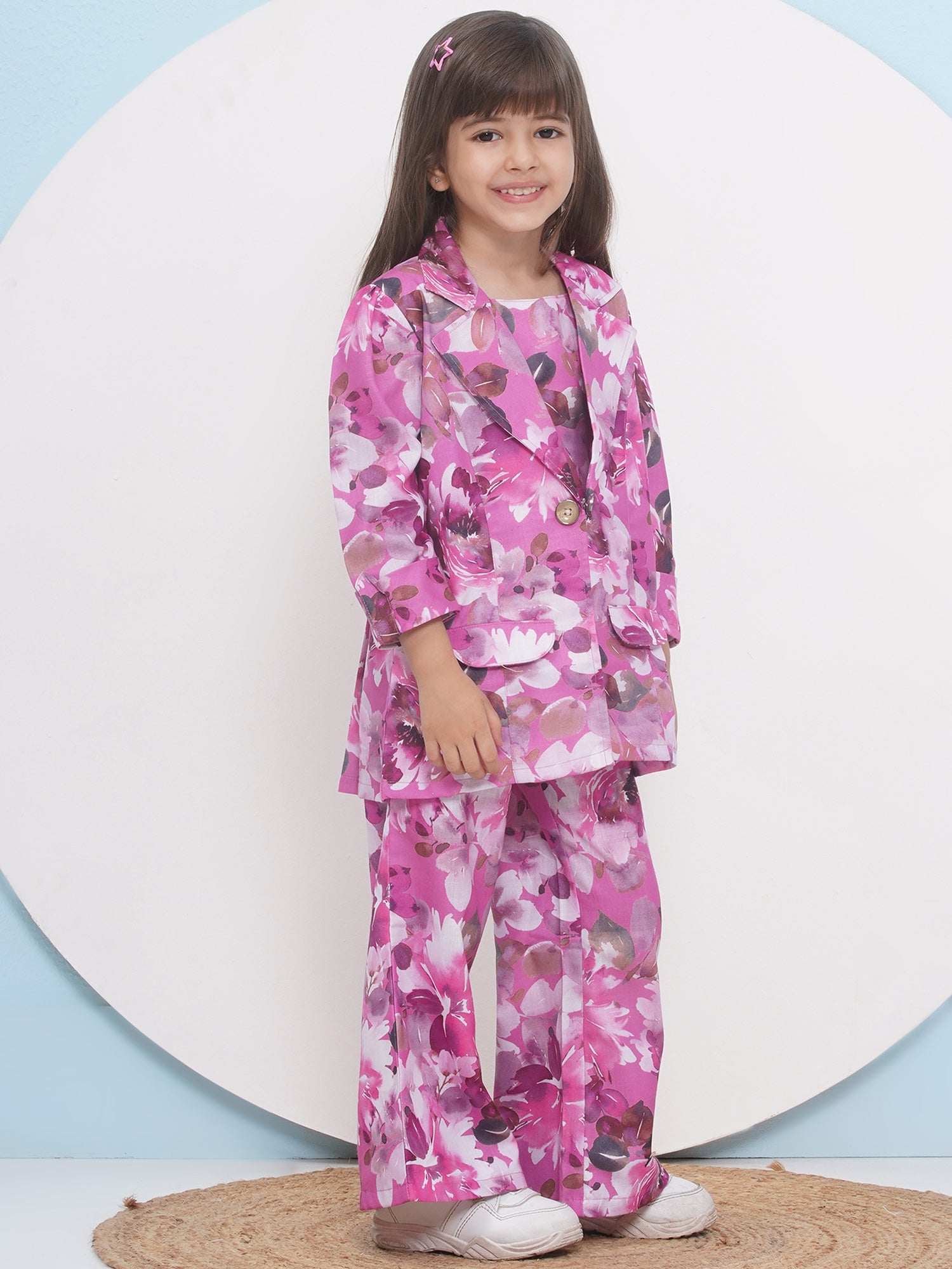 Purple Cotton Three-Fourth Sleeves Printed Co-Ords Set For Girls - AJ Dezines